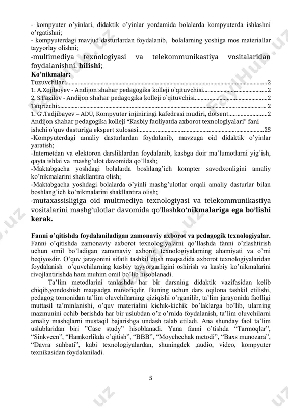 kompyuterning dasturiy ta’minotlari 4. shaxsiy kompyuterning dasturiy ta’minoti va uning turlari.operatsion tizimlar. 3 2 2 1 iv bob. ofis dasturlarida ishlash 5. ofis dasturlari va ularning yangi imkoniyatlari 3 2 2 1 6. matn muharrirlarida ishlash asoslari 3 2 2 1 7. zamonaviy jadval prostessorlari va ularning imkoniyatlari 3 2 2 1 8. taqdimot va uni yaratishning zamonaviy dasturiy ta’minoti 3 2 2 1 9. ms power point dasturning menyusi va uskunalar paneli. prezentatsiya yaratish bosqichlari 3 2 2 1 10. slayd tuzilishini o‘zgartirish va slaydlarga matn kiritish 3 2 2 1 11. slaydda obyektlarni joylashtirish va formatlash 3 2 2 1 12. prezentatsiyaga maxsus effektlar qo‘yish va prezentatsiya namoyishlari 3 2 2 1 v. bob. kompyuterda tasvirlar bilan ishlash asoslari 13. grafik obektlar va ularni kompyuterda tasvirlash usullari 3 2 2 1 14. rastrli va vektorli grafikalar va ularning dsturiy ta’minotlari 3 2 2 1 15. photoshop - rastrli …