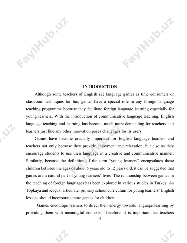y games, learners are required to cooperate to achieve the goal and most learners enjoy cooperation and social interaction. it is believed that when cooperation and interaction are combined with fun, successful learning becomes more possible. to conclude, no matter how differently games are described, one cannot underestimate their pedagogical value both in teaching and learning a foreign language. the object of this study is to give information about teaching writing with games and types of games which are used according to language standards. the purpose of this work is to show basic methods which are used in english language. to achieve these goals, the following tasks were set: -to organize some games with writing activities. -to find some researchgates and put them in practice. the theoretical value of the work is to allow the opportunity to search, find, and use various sources in writing. ideally, these sources will liven …