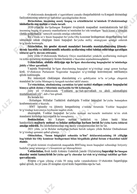 emor о‗rtasida sо‗rov о‗tkazdilar va ularning 19 foizi asosan kо‗zoynak taqib yurishlarini aniqladilar. olimlarning ta‘kidlashicha, bunday aksessuarlarni kuniga sakkiz soat davomida olib yuradiganlar koronavirus infeksiyasini kamroq yuqtirishadi, shu bilan birga ular yuz va kо‗zlarga kamdan-kam qо‗l bilan tegishadi. shuningdek, ular kо‗zoynaklar shilliq qavat orqali covid-19 infeksiyasini oldini oluvchi himoya omil bо‗lishi mumkinligini isbotladilar. avvalroq mataxassis koronavirus yuqishi xavfini oshiruvchi zararli odatlar haqida fikrini aytib о‗tgan edi. 4-topshiriq. berilgan matnni o„qing, nutqning qaysi uslubiga tegishliligini aniqlang, til xususyatlarini belgilang va matnga xos so„z, birikmalarni yozib chiqing prezident shavkat mirziyoyevning bmt inson huquqlari bо‗yicha kengashining 46- sessiyasidagi nutqi hurmatli rais najot shamim xon xonimlari! hurmatli oliy komissar mishel bachelet xonimlari! xonimlar va janoblar! bugun о‗zbekiston inson huquqlari bо‗yicha kengash a‘zosi sifatida ushbu uchrashuvda birinchi marta ishtirok etmoqda. biz sо‗nggi yillar davomida kengashga a‘zo bо‗lish uchun butun mas‘uliyatni anglagan holda intilib kelganimizni ta‘kidlamoqchiman. demokratik islohotlarimiz yangi о‗zbekistonni bunyod etishga qaratilgan bо‗lib, bu о‗zgarishlar …