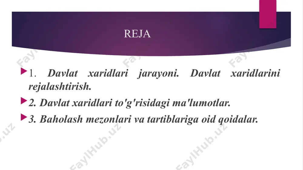 rporativ buyurtmachilar tomonidan joriy yilning 25 dekabriga qadar maxsus axborot portalida joylashtiriladi shablon 1. xaridlarni shakllantirish uchun ariza - talab qilinadigan tovarlar (ishlar, xizmatlar) nomi - ushbu tovarlar (ishlar, xizmatlar) foydalanish uchun zarur bo'lgan oy - tovarlarni (ishlarni, xizmatlarni) sotib olishni moliyalashtirish manbalari - indikativ byudjetning hajmi (sotib olish usulini aniqlash va kerakli vaqtni hisoblash kerak) - tovarlarni (ishlarni, xizmatlarni) yetkazib berish joyi (manzili), muddatlari va shartlari - tovarlarni (ishlarni, xizmatlarni) yetkazib berishda kechikishning jiddiyligi. shablon 2. aniq sanalar bilan kalendar - tanlov yoki tender hujjatlarini shakllantirish - loyihalar va import kontraktlarini kompleks ekspertiza qilish markazida tender yoki tender hujjatlarini tasdiqlash; - sotib olish to'g'risida e'lon - texnik va tijorat takliflari solingan konvertlarni ochish - ishtirokchilarning takliflarini ko'rib chiqish - baholashni umumlashtirish davomi - shartnoma imzolash - oldindan to'lov - ishning boshlanishi (xizmat ko'rsatish, tovarlarni yetkazib berish) - shartnomani bajarish - tovarlarni (ishlarni, xizmatlarni) oraliq va yakuniy yetkazib berish. - …