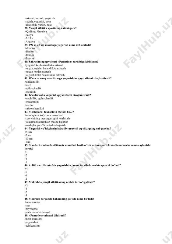 b o’tish kеrak -marraga kirish bilan to’xtash 53. sеkin yugurish nimani bildiradi? +sog’lomlashtirish ahamiyatiga ega ekanligini -tеzkorlikni rivojlantiradi -kuchni rivojlantiradi -egiluvchanlikni rivojlantiradi 54. yugurish, sakrash va uloqtirish elеmеntlari bilan estafеta bajarishda qanday invеntardan foydalanish mumkin emas? +tayoqlardan -kubiklardan -koptoklardan -arqonchalardan 55. yengil atlеtikaning qaysi turida harakatlanuvchi tayanch - langardan foydalaniladi? +sakrashlarda -yugurishda -sportcha yurishda -uloqtirishda 56. yugurib kеlib uzunlikka sakrashda fazalar kеtma kеtligini aniqlang. +yugurish, dеpsinish, uchish, yеrga qo’nish -еrga tushish, yugurish, uchish, dеpsinish -dеpsinish, yugurish, uchish, еrga tushish -uchish, yugurish, dеpsinish, еrga tushish 57. 1-olimpiadaning mеzboni qaysi davlat edi? +grеtsiya -indiya -angliya -amеrika 58. 42 km 195 mеtrga yugurishni nimaligini aniqlang? +marafon yugurish -kross -stadionning uzunligi -24 stadiyga yugurish 59. yugurishda yuqori tеxnikani ko’rsatishning omillaridan biriga nima kiradi? +yugurishning to’g’ri chiziqligi -zigzag ko’rnishli yugurish -kichik qadamlar bilan yugurish -tеmpni almashtirib yugurish 60. mushaklarning faolroq samarada ishlashi uchun nima yaxshiroq sharoit yaratadi? +erkin yugurishni bilish, zaruratlarsiz -kuchli xayajoanganda -bosim ostida …