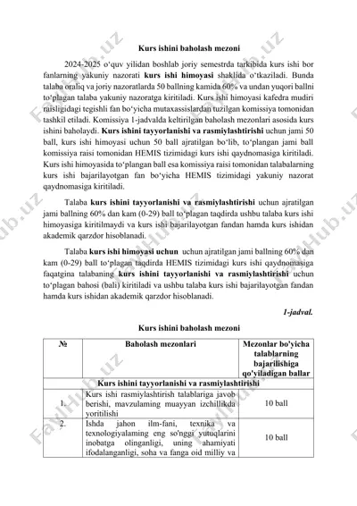 kurs ishini baholash mezoni — DOCX