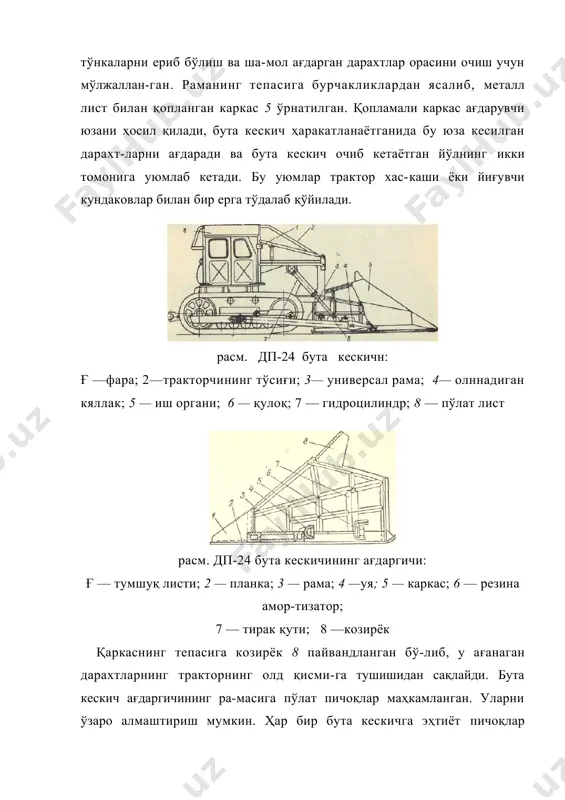 30.1.г-1 тракторига ўрнатилади. бир томонлама бута кескич горизонтал пичоқлари бўлган, пайвандлаб ясалган ардаргичдан иборат; ағдаргичнинг чап томонига қозиктиш маҳкам-ланган. бута кескич ардаргичи универсал бульдозер рамасига маҳкамланган. тракторнинг орқасига вертикал стойкаларда ўрнатиладиган горизонтал ётиқ пичоқ илдиз кескич сифатида ишлатилади. бир томонлама бута кескичда икки томоплама бута кескичлар ва бульдозерларнинг ижобий сифатлари му-жассамланган: у бута ва дарахтларнинг сифатли кеси-лишини ҳамда кесилган массанинг бир томонга ағдари-лишини таъминлайди, иш унуми юкори, бетида тошлар бўлган ерларда самарали ишлайди. иш органи актив бўлган мтп-13 машинаси (раcм) майда дарахтларни кесишга мўлжалланган. машина стрела 3, уюмлагич рамаси 1, иш органи 2 (дисксимон горизонтал фреза), электр двигатель ва ре-дуктордан ташкил топган. у торфзорда ишлайдиган юк-ловчи кран 5 га монтаж қилннади, бунинг учун крандан стрела юклаш жиҳози билан бирга олиб қўйилади. бош-қариш пульти, ишга тушириш автоматлари ва бошқа бошқариш органлари машинист кабинасида жойлашган. иш аппарати (дисксимон фреза) рама ичига ўрнатил-ган электр двигателдан а^ланма ҳаракат олади. электр двигателда 30 квт қувватли …