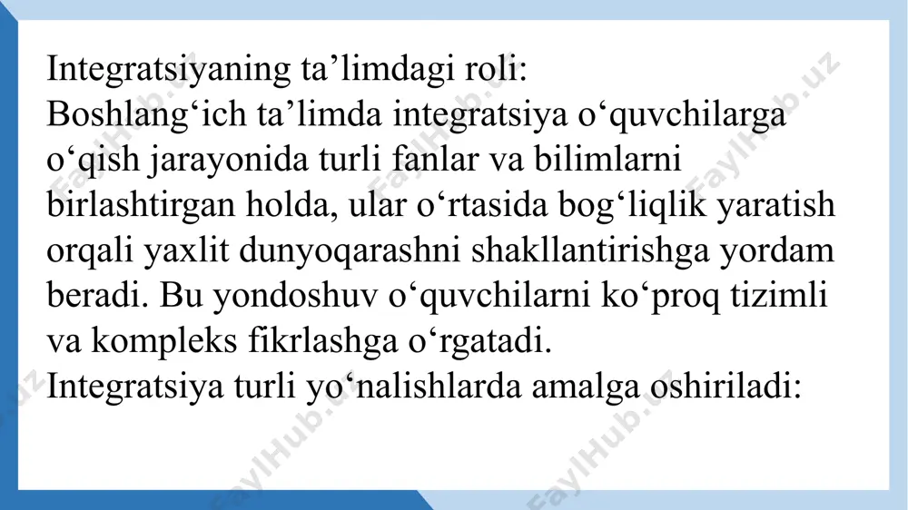 rsni tashkil etishda birinchi navbatda, o‘quvchilarga birlashtirilgan bilimlarni etkazish uchun mos mavzu tanlanadi. bu mavzu o‘quvchilarning qiziqishini uyg‘otishi va bir nechta fanlarni o‘z ichiga olishi kerak. misol: "ekologiya va ijtimoiy mas'uliyat" mavzusi, tabiatshunoslik va adabiyot, shuningdek, jismoniy tarbiya fanlari bilan bog‘liq bo‘lishi mumkin. integratsiya qilinadigan fanlarni tanlash: darsda qo‘llaniladigan fanlar bir-biriga mos va o‘zaro bog‘liq bo‘lishi kerak. har bir fanni o‘rganish uchun o‘quvchilarni chuqurroq anglashga olib boradigan bog‘liqlikni yaratish muhimdir. misol: matematika va tabiatshunoslik fanlarini birlashtirishda o‘quvchilarga matematik modellardan foydalanib tabiatdagi o‘zgarishlarni o‘rganish mumkin. o‘quv materiallarini tanlash va tayyorlash: integratsiyalashgan dars uchun o‘quv materiallari bir nechta fanning asosiy g‘oyalarini o‘z ichiga olishi kerak. misol: tabiiatshunoslikdan olingan ma'lumotlar, ekologik masalalar haqidagi maqolalar, statistik ma'lumotlar va tasvirlar, san'atdagi tabiatga oid ishlanmalar. interaktiv metodlarni qo‘llash: integratsiyalashgan darsda o‘quvchilarning faol ishtirokini ta'minlash uchun interaktiv metodlar, guruh ishlari, o‘yinlar va tajribalar yordamida darsni samarali tashkil etish mumkin. misol: "o‘qish va yozish" darsini "san'at" bilan birlashtirgan …