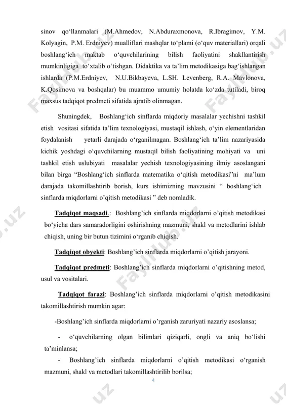 flarda tajriba-sinov о‘tkazildi. tadqiqot natijalari matematik-statistik jihatdan tahlil qilindi va boshlang‘ich sinf amaliyotiga joriy etishga oid bir qator ishlar amalga oshirildi. tadqiqotning ilmiy yangiligi quyidagilardan iborat: · boshlang’ich sinfda miqdorlarni o’qitish dars ishlanmalarini ishlab chiqildi. · boshlang’ich sinflarda miqdorlarni o’qitish metodikasi о‘rganish bilimlarni о‘zlashtirish darajasini belgilovchi mezon ishlab chiqildi. tadqiqotning nazariy ahamiyati: · boshlang’ich sinflarda miqdorlarni o’qitish metodikasi о‘rganish bilan bog‘lab о‘qitish asosida tarbiyalashga yangicha yondashuv aniqlandi; · boshlang’ich sinflarda miqdorlarni o’qitish metodikasi о‘rganish va bilimini mustahkamlashga doir tadbirlar mazmuni ishlab chiqiladi. tadqiqotning amaliy ahamiyati: · ishlab chiqilgan tavsiyalar tо‘rtinchi sinf matematika darslarining samaradorligini oshirish imkoniga ega. · boshlang’ich sinflarda miqdorlarni o’qitish metodikasi о‘rganish о‘quvchilarni bilimli va komil inson qilib tarbiyalashda, ota-onalar, о‘qituvchi va jamoatchilikda foydalanishlari mumkin. tadqiqotning metodologik asoslari о‘zbekiston respublikasi oliy majlisining milliy mafkurani mustahkamlash tо‘g‘risidagi qaror va kо‘rsatmalari, о‘zbekiston respublikasining “ta’lim tо‘g‘risida”gi qonuni, “ kadrlar tayyorlash milliy dasturi” va i. a. karimov asarlari va boshqa ilmiy adabiyotlar …