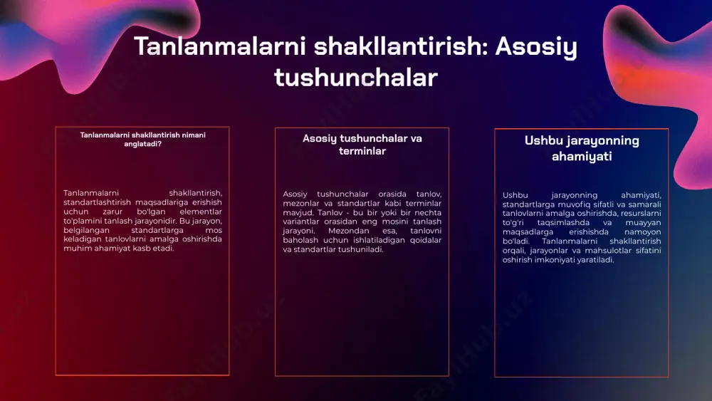 korlik bilan tanlash. 3. ma'lumotlarni to'g'ri tahlil qilish - tahlil jarayonini to'g'ri tashkil etish. xatolarni misollar bilan ko'rsatish: 1. noto'g'ri tanlov: masalan, qiyoslashda faqat bitta parametrni hisobga olish. 2. noto'g'ri tahlil: masalan, statistik ma'lumotlarni noto'g'ri talqin qilish natijasida xato qarorlar qabul qilish. standartlashtirish jarayonida tanlanmalar roli tanlanmalarning ahamiyati tanlanmalar standartlashtirish jarayonida muhim rol o'ynaydi, chunki ular sifatni oshirish va jarayonlarni samarali boshqarish imkonini beradi. tanlanmalar orqali ishlab chiqarish jarayonlari va xizmatlar standartlari belgilab olinadi. maqsadlar va foydalari standartlashtirish orqali ko'zlangan maqsadlar, xususan, mahsulotlar va xizmatlarning sifatini kafolatlash, iste'molchilarni himoya qilish va bozor raqobatini kuchaytirishdir. to'g'ri shakllantirish zarurati standartlashtirish faoliyatida tanlanmalarni to'g'ri shakllantirish zarur, chunki bu jarayonlarga ishonchlilik va yaxlitlikni ta'minlaydi, shu bilan birga, natijalarni o'lchash va baholash imkoniyatlarini oshiradi. tanlangan standartlarga mos keluvchi tanlanmalar tanlangan standartlar, tashkilot yoki soha uchun muhim bo'lgan qoidalar va me'yorlarni belgilaydi. ularning ahamiyati shundaki, ular sifatni ta'minlash, jarayonlarni optimallashtirish va iste'molchilar ishonchini oshirishga yordam beradi. …