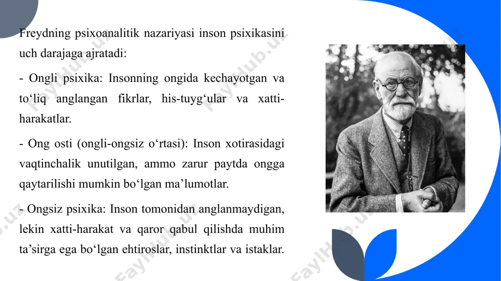 sizlikda yashirin bo‘lgan istak va tuyg‘ularning ramziy ifodasi. 4. himoya mexanizmlari freyd psixoanalitik ta’limotda himoya mexanizmlariga alohida e’tibor qaratgan. ular psixikaning og‘riqli his-tuyg‘ular va konfliktlardan himoyalanish usullaridir. asosiy mexanizmlar: - repressiya: o‘ngsizlikni bosish va ongdan chiqarib tashlash. - proyeksiya: o‘zining salbiy his-tuyg‘ularini boshqalarga yuklash. - sublimatsiya: ijtimoiy jihatdan qabul qilinmaydigan instinktlarni qabul qilinadigan shakllarga o‘zgartirish. - regressiya: murakkab vaziyatlarda rivojlanishning oldingi bosqichiga qaytish. konflikt va nevroz nazariyasi freydning fikriga ko‘ra, inson psixikasi ichki konfliktlarga duch keladi. ushbu konfliktlar id (instinktiv istaklar), ego (haqiqat tamoyillari) va superego (axloqiy qadriyatlar) o‘rtasidagi ziddiyatlar tufayli yuzaga keladi. agar bu ziddiyatlar hal etilmasa, shaxsda nevroz va psixologik buzilishlar rivojlanishi mumkin. z. freydning psixoanalitik ta’limoti inson psixologiyasini o‘rganishda tub burilish yasadi. ushbu ta’limot faqatgina nazariy asosga ega bo‘lib qolmasdan, turli sohalarda amaliy qo‘llaniladigan samarali uslub va yondashuvlarni shakllantirdi. bugungi kunda freydning nazariyalari zamonaviy tadqiqotlar va amaliyotlarda muhim o‘rin tutadi. 3. z. freyd ta’limotining amaliy ahamiyati va …