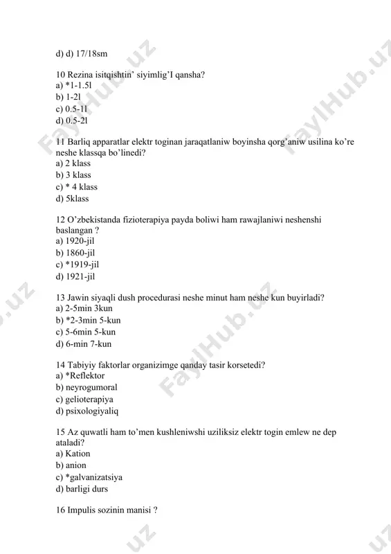 k da’riler menen ingaliyaciya islew b) *bronxolitik da’riler menen ingaliyaciya islew c) awiriw qaldiriwshi da’riler menen ingaliyaciya islew d) spazmolitik da’riler menen ingaliyaciya islew 29.bronxodrenaj usilg’a kiredi: a) * mukolitik da’riler menen ingaliyaciya islew b) bronxolitik da’riler menen ingaliyaciya islew c) awiriw qaldiriwshi da’riler menen ingaliyaciya islew d) spazmolitik da’riler menen ingaliyaciya islew 30. ju’rektin’ ishemik keselliginde fizioterapiyanin’ qaysi usili qollaniladi? a) *kardiotonik b) kolonogidroterapiya c) galoterapiya d) psixoterapiya. 31.gipertoniya keselliginde qanday da’stu’r o’tkiziledi? a) * gipotenziv preparat,fizikaliq shinig’iw,psixoterapiya,fizioterapiya b) tek gipotenziv preparatlar c) salamat turmis ta’rizi,fizikaliq shinig’iw d) fizioterapiya,psixoterapiya 32. gipertoniya keselliginde medicinaliq reabilitaciyanin’ waziypalari qanday? a) fizikaliq jumis islew qa’bilietin ko’teriq b) qan basimin stabilizaciya qiliw c) gipertonik krizdin’ aldin aliw d) * barliq juwap duris. 33.gipertoniya keselliginde qanday kinezoterapiya qollaniladi? a) u.v.ch-terapiya b) magnitoterapiya c) azang’i dene ta’rbiya d) *gelioterapia. 34.gipertoniya keselliginde fizioterapiyanin’ effektivligi ko’rsetkishleri: a) awiriw pristupinin’ azayiwi b) * qan basiminin’ normallasiwi c) bas awiriwinin’ …