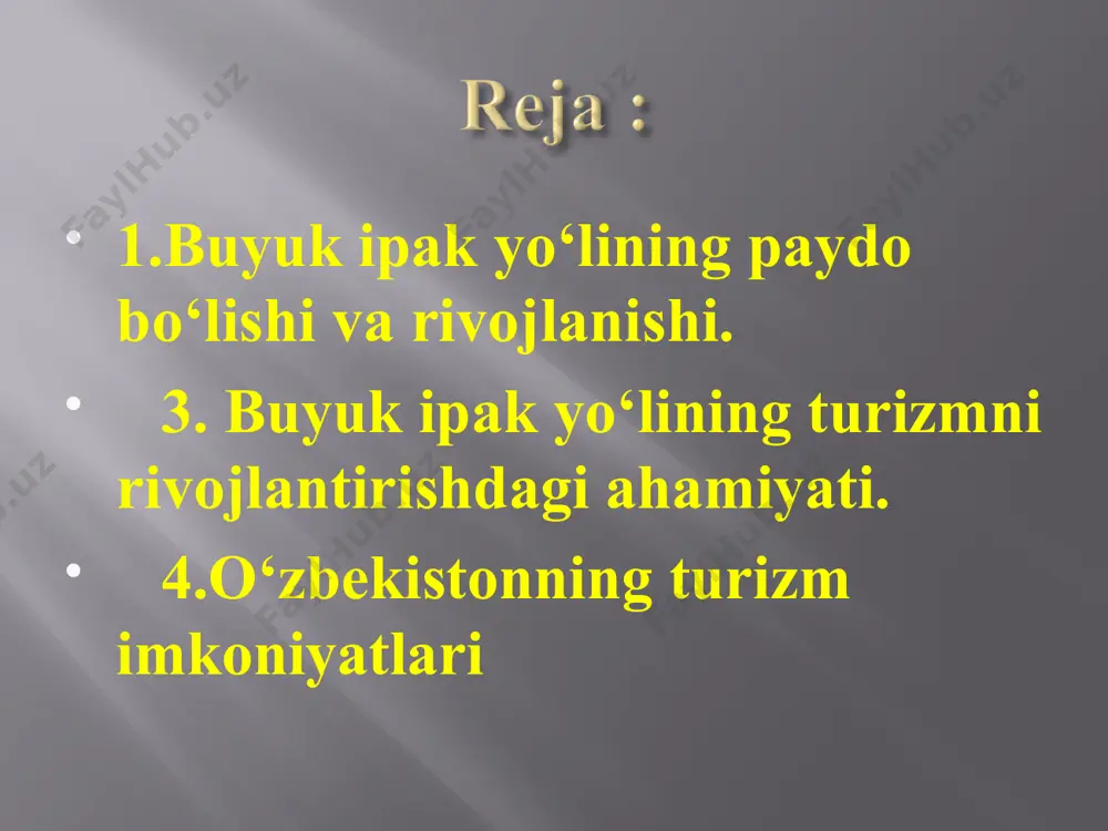 hlar olib borilgan. baqtriyadan tuyalar, far-g’onadan nasldor otlar, badaxshondan la'l, hindis-tondan xitoyga kumush va fil suyagidan ishlangan buyumlar, ziravorlar va boshqa mahsulotlar olib borilgan. buyuk ipak yo'li orqali markaziy osiyodan boshqa davlatlarga: shisha buyumlar, quruk mevalar, zargarlik buyumlari ham tashilgan turizm (fransuzcha - sayr, sayohat), sayyohlik - sayohat (safar) qilish; faol dam olish turlaridan biri. turizm deganda jismoniy shaxsning doimiy istiqomat joyidan sogʻlomlashtirish, maʼrifiy, kasbiyamaliy yoki boshqa maqsadlarda borilgan joyda (mamlakatda) haq toʻlanadigan faoliyat bilan shugʻullanmagan holda uzogʻi bilan 1 yil muddatga joʻnab ketishi (sayohat qilishi) tushuniladi. turizm tarixi xix asr boshlariga borib taqaladi. dastlab angliyadan fransiyaga uyushgan sayyohlik tashkil etilgan (1815). turizm asoschisi hisoblanmish ingliz ruhoniysi tomas kuk 1843-yilda 1-temir yoʻl sayyohligini tashkil qildi. shundan soʻng u oʻzining xususiy turistik korxonasini tuzdi va 1866-yilda dastlabki sayyohlik guruxlari aqshga joʻnatildi. sharqda arab sayyohi ibn battuta 21 yoshida sayohatini boshlab, deyarli barcha sharq va shimoliy afrika mamlakatlarini piyoda kezib chiqdi. movarounnahrda …