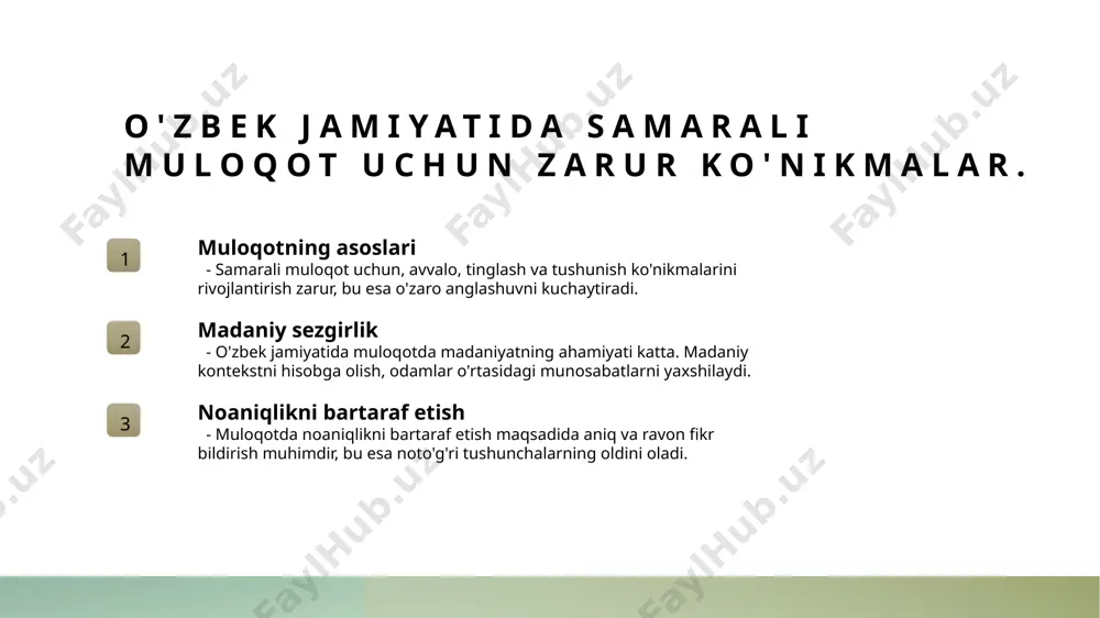 . o'zbek madaniyatida muloqot: an'analar va zamonaviy yondashuvlar. an'anaviy muloqot o'zbek madaniyatida an'anaviy muloqot ko'pincha samimiy, hurmatga asoslangan va ko'rgazmali ifodalarga boy. bu usullar o'zaro aloqalarni mustahkamlashga yordam beradi. zamonaviy yondashuv bugungi kunda zamonaviy texnologiyalar va globalizatsiya muloqot uslublarini o'zgartirib, yangi imkoniyatlar va muammolar keltirmoqda. moslashuv zarur. an'analar va innovatsiyalar o'zbek muloqoti an'analar bilan zamonaviy yondashuvlar o'rtasida muvozanat yaratish zarur. bu, madaniyatni saqlab qolish va rivojlantirishga yordam beradi. muloqot uslublari: o'zbeklar o'rtasidagi o'zaro tushunish. muloqot uslubi turlari o'zbeklar o'rtasida muloqot uslublari, rasmiy va norasmiy bo'lib, har birining o'ziga xos xususiyatlari va konteksti mavjud. o'zaro tushunish o'zbeklar o'rtasida muloqotda o'zaro tushunish muhimdir. bu, til va madaniyatga asoslangan, ikki tomonlama muloqotni rivojlantiradi. rasmiy va norasmiy rasmiy muloqot uslublari ish joylarida, norasmiylari esa kundalik hayotda qo'llaniladi. har ikkalasi ham o'zaro tushunishni kuchaytiradi. madaniyat va muloqot o'zbek madaniyatida muloqot uslublari an'anaviy qadriyatlar va odob-axloq qoidalariga asoslanadi, bu esa o'zaro tushunishni oshiradi. o'zbek tilida muloqot: …