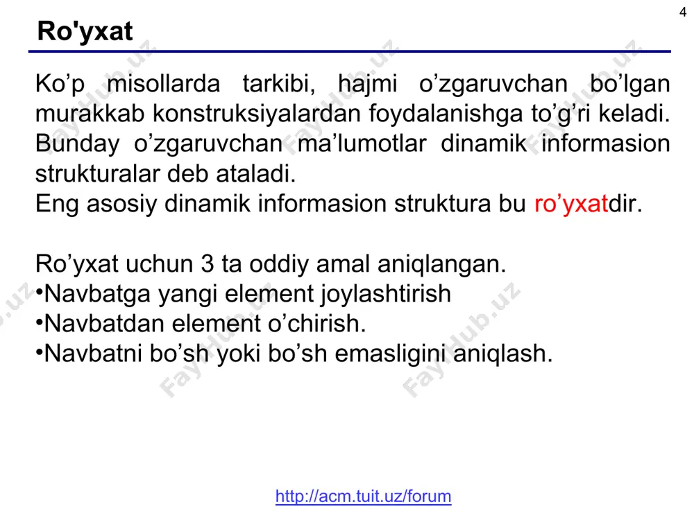 mi va so’z berilganga teng emasmi * * yangi so’z qayerga qo’shiladi? masala: nayti uzel, pered kotorim nujno vstavit, zadannoe slovo, tak chtobi v spiske soxranilsya alfavitniy poryadok slov. funktsiya findplace: vxod: slovo (simvolnaya stroka); vixod: adres uzla, pered kotorim nujno vstavit eto slovo ili null, esli slovo nujno vstavit v konets spiska. pnode findplace ( pnode head, char newword[] ) { pnode q = head; while ( q && strcmp(newword, q->word) > 0 ) q = q->next; return q; } > 0 slovo newword stoit po alfavitu do q->word * * tugunni o’chirish void deletenode ( pnode &head, pnode p ) { pnode q = head; if ( head == p ) head = p->next; else { while ( q && q->next != p ) q = q->next; if ( q == null ) return; q->next = p->next; } delete p; } while ( q && q->next != p …