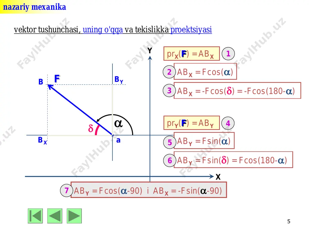 cha turga ajratish mumkin: a) agar shu kuchlarning ta'sir chiziqlari bir tekislikda yotsa, bunday kuchlar sistemasi tekislikdagi kuchlar sistemasi deb ataladi; b) agar shu kuchlarning ta'sir chiziqlari bir tekislikda yotmasa, bunday kuchlar sistemasi fazoviy yoki fazodagi kuchlar sistemasi deyiladi; v) agar barcha kuchlarning ta'sir chiziqlari bir nuqtadan o'tsa, bunday kuchlar sistemasi ta'sir chiziqlari bir nuqtada kesishuvchi kuchlar sistemasi (ba'zi adabiyotlarda yaqinlashuvchi yoki uchrashuvchi kuchlar sistemasi) deb nomlanadi; g) agar barcha kuchlarning ta'sir chiziqlari o'zaro parallel bo'lsa, bunday kuchlar sistemasi parallel kuchlar sistemasi deb ataladi. yana bir qancha tushunchalarning ta'riflarini keltiraylik. • boshqa jismlar bilan bog'lanmagan jismlar, ya'ni fazoning berilgan vaziyatidan boshqa ixtiyoriy vaziyatiga ko'chirish mumkin bo'lgan jismlar erkin jismlar deb ataladi. • agar bir jismga ta'sir etayotgan kuchlar sistemasini boshqa kuchlar sistemasi bilan almashtirilganda jismning avvalgi muvozanat ҳolati yoki ҳarakati o'zgarmasa, bunday kuchlar sistemasi ekvivalent kuchlar sistemasi deyiladi. • kuchlar sistemasi ta'sirida erkin jism muvozanat ҳolatda bo'lsa, bunday kuchlar sistemasi …