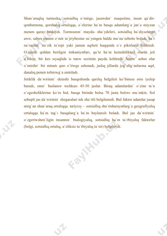 dı o`z ishine aladı. bul da`wirde do`retiwshilik xızmetin qaytadan bahalawda o`z ko`rinisin jan`a sezimde payda boladı. olar sol ku`nge shekem miynet xızmetinde da`reje ketinen kuwıp ju`rgen bolsa, endi miynet jemisinin` sıpatı u`stinde bas qatıra basladı. shan`araqlıq turmıska, sotsiallıq o`mirge, jasawdın` maqsetine, insan qa`dir- qımbatınına, qorshalıq ortalıqqa, o`zlerine ha`m basqa adamlarg`a jan`a miyzan menen qaray baslaydı. turmısının` mayda- shu`ydeleri, sotsiallıq ha`diyselerge awır, sabırı menen o`mir ta`jriybesine su`yengen halda mu`na`sebette boladı, ha`r na`rsenin` na`zik ta`repi yaki jaman aqıbeti haqqında o`z pikirlerin bildiredi. o`mirde qoldan berilgen imkaniyatları, qa`te ha`m kemshilikleri olarda jeti o`lshep, bir kes sıyaqlıda is tutıw sezimin payda keltiredi. sonın` ushın olar o`mirdin` bir minutı qurı o`tiwge ashınadı, jaslıq jıllarda jog`altg`anlarına aqıl, danalıq penen toltırıwg`a umtıladı. jetiklik da`wirinin` ekinshi basqıshında qarılıq belgileri ko`binese orın iyelep baradı, onın` baslanıw tochkası 45-50 jaslar. biraq adamlardın` o`zine ta`n o`zgesheliklerine ko`re bul, basqa birinde bolsa 70 jasta bolıwı mu`mkin. sol sebepli jas da`wirinin` shegaraları tek …