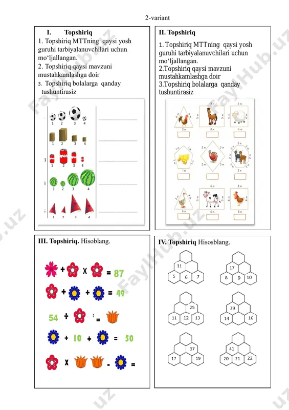 hkamlashga doir 4. topshiriq bolalarga qanday tushuntirasiz iii. topshiriq. hisoblang. iv. topshiriq hisosblang. 10-variant 1- i. topshiriq 1.topshiriq mttning qaysi yosh guruhi tarbiyalanuvchilari uchun mo‘ljallangan. 2.topshiriq qaysi mavzuni mustahkamlashga doir 3.topshiriq bolalarga qanday tushuntirasiz ii. topshiriq 1. topshiriq mttning qaysi yosh guruhi tarbiyalanuvchilari uchun mo‘ljallangan. 2. topshiriq qaysi mavzuni mustahkamlashga doir 3. topshiriq bolalarga qanday tushuntirasiz iii. topshiriq. hisoblang. iv. topshiriq hisosblang. 11-variant 1- i. topshiriq 1. topshiriq mttning qaysi yosh guruhi tarbiyalanuvchilari uchun mo‘ljallangan. 2. topshiriq qaysi mavzuni mustahkamlashga doir 3. topshiriq bolalarga qanday tushuntirasiz ii. topshiriq 1. topshiriq mttning qaysi yosh guruhi tarbiyalanuvchilari uchun mo‘ljallangan. 2.topshiriq qaysi mavzuni mustahkamlashga doir 3.topshiriq bolalarga qanday tushuntirasiz iii. topshiriq. hisoblang. iv. topshiriq hisosblang. 12-variant 1- i. topshiriq 1. topshiriq mttning qaysi yosh guruhi tarbiyalanuvchilari uchun mo‘ljallangan. 2. topshiriq qaysi mavzuni mustahkamlashga doir 3. topshiriq bolalarga qanday tushuntirasiz ii. topshiriq 1. topshiriq mttning qaysi yosh guruhi tarbiyalanuvchilari uchun mo‘ljallangan. 2. topshiriq qaysi …
