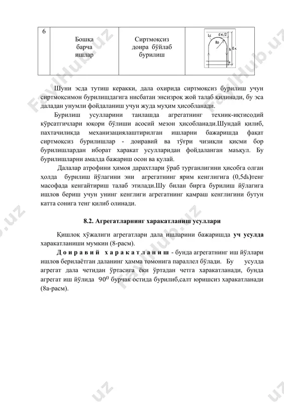 - бунда агрегатнинг иш йўллари ишлов берилаётган даланинг томонларига нисбатан бурчак остида бўлади. диагонал харакатланиш усули кам бўлиб, асосан ерни экиш олдидан ишлашда (тирмалаш) қўлланилади. бунда агрегат диагонал моккисимон ва диагонал- кесишма кўриниши бўйича харакатланади (8.2в-расм). бу усулларнинг хиллари кўп. қишлоқ хўжалиги ишларини бажаришда энг кўп қўлланиладиган бўйлама харакат кўринишлари 8.2-жадвалда келтирилган. 8.3.агрегатларни иш йўллари коэффициенти агрегатларни иш йўллари коэффициенти уларнинг харакат усулларини баҳолашнинг муҳим кўрсатгичи ҳисобланади. бу коэφффициент ушбу формула ёрдамида топилади: φ бу ерда: sи- иш йўлларнинг умумий узунлиги, м; sс- салт юришлар йўлининг умумий узунлиги, м. қишлоқ хўжалиги ишларини бажаришда кўп қўлланиладиган агрегатнинг харакатланиш усулларига қараб иш йўллари коэффициентлари агрегатнинг пайкалдаги харакатини бир циклига тақрибан қуйидагича аниқланади: моккисимон харакатланиб, нок-сиртмоқсимон бурилишда: φ моккисимон харакатланиб, сиртмоқсиз доиравий бурилишда: φ қоплама харакатланиб, тўғри чизиқли сиртмоқсиз бурилишда: φ бу ерда: - агрегатнинг бир иш йўли узунлиги, м; rо - агрегатнинг бурилиш радиуси, м; с - пайкалнинг эни, м; e - …