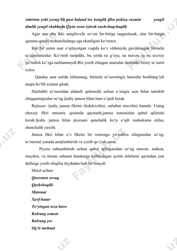 r, sahnama-sahna sezilib turishi,rejissor va aktyorlar his etib turishlari zarur. adabiy manba, piyesaning mavzusi, g‘oya va oliy maqsadini aniqlash 1.mavzu deganda nimani tushinmoq kerak? mazkur asar nima xaqida degan savolga javob, asarning mavzusi hisoblanadi. boshqacha tushintirilsa shu piyesada aks etdirilgan voqea va xodisalarning badiiy ifodasi nimalarni o‘z ichiga olgan? 2.aks etdirilgan manba orqali muallif nimalarni ta’kidlamoqchi bo‘lgan? g‘oyada muallif- aks etdirilgan manba orqali o‘z xissiyot va fikrlarni ifoda etadi. mavzu hamisha aniq bo‘lishi mumkin. u hayotning qaynoq bir parchasi. g‘oya esa-mavxum qiyosiy tushuncha u xulosa va umumlashtirilganidan keyin ravshanlashadi. mavzu asarning obyektiv ko‘rinib turgan tomoni. g‘oya esa subyektiv botiniydir. g‘oya-muallifning o‘zi aks etdirayotgan manba orqali tomoshabinga yetqazmoqchi bo‘lgan fikridir. xaqiqiy san’at asarida mavzu va g‘oya bir maqsadni ko‘zlagan bo‘ladi. badiiy asarda hayotiylik, kuzguda aks etganidek, ongimizda aks etmaydi.u ongimizdan o‘tar ekan,uni bor butunicha qabul qilgan holda,xayotda yuz beran voqelarni mushohada qilib,shaxsiy fikr bilan boyitilgan tarzda badiiy asar darajasiga ko‘tariladi.badiiy asar …
