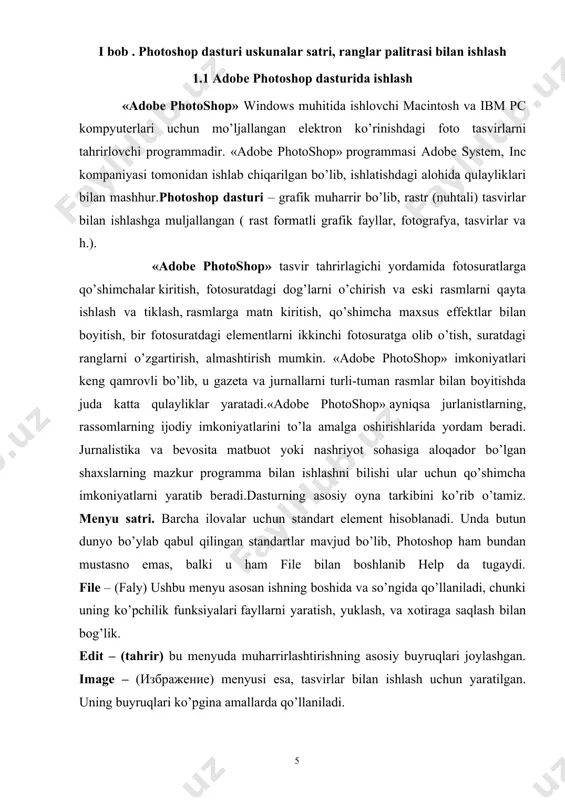 mkin. keyin foydalanish uchun foydalanuvchi hujjat o‘lchamini saqlab olish imkoniyati mavjud. andozalar va o‘lcham andozalari andozalar hujjat uchun andoza va qayta ishlanadigan elementlarni taqdim etadi. sifatli tasvirlar va grafiklardan tashkil topgan andozalarni photoshop dasturi ichidan adobe stock dan yuklab olish mumkin. ushbu andozalar asosida belgilangan xususiyat va dizayn elementlariga ega hujjat yaratib olish mumkin. andozalar .psd kengaytmasiga ega. bo‘sh hujjat o‘lcham andozalari - oldindan belgilangan o‘lcham va xususiyatga ega bo‘sh hujjat. o‘lcham andozalari ma’lum qurilmalar uchun hujjat yaratishni osonlashtiradi. bo‘sh hujjat o‘lcham andozasi oldindan belgilangan o‘lcham, rang rejimi, o‘lchov birligi, yo‘nalishi, joylashishi va nuqtalar zichligi kabi xususiyatlariga ega. andozalar va o‘lcham andozalarni quyidagi guruhlarga bo‘lish mumkin: · tasvir; · chop etiluvchi; · grafik; · veb; · mobil; · video. yangi hujjat yaratish dialog oynasi yangi hujjat yaratish dialog oynasini ochish uchun photoshop dasturini ishga tushirib quyidagilardan birini amalga oshirish kerak: · ctrl+n tugmalar kombinatsiyasini bosish; · file menyusidan new qatorini …