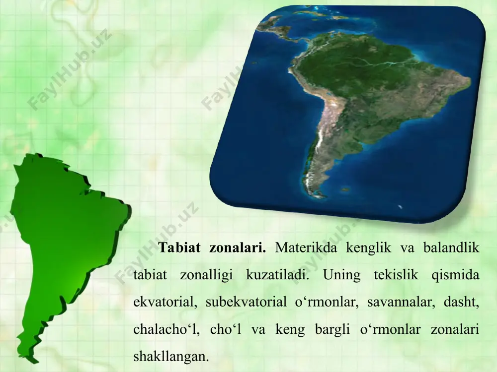 ada sernam savanna o‘rmonlari, quruq savanna, cho‘lga aylangan savanna, siyrak o‘rmonli savanna va butazorli savanna tabiat komplekslari mavjud. dashtlar zonasi. dashtlar janubiy amerikada pampa (indeyeslar tilida „daraxtsiz yerlar“) deb ataladi. dashtlarda, asosan, o‘t o‘simliklaridan chalov, betaga, yovvoyi tariq va boshqalar uchraydi. sernam subtropik iqlim sharoitida hosildor qizil ferralit tuproqlar hosil bo‘lgan. pampalarda lamalar, tuyaqushlar, pampa bug‘usi, pampa mushugi va boshqa hayvonlar yashaydi. cho‘l va chalacho‘llar zonasi. janubiy amerikada tropik cho‘llar yo‘q. faqat tinch okean sohillarida sovuq peru oqimi ta’sirida atakama cho‘li tarkib topgan. bu cho‘lda yiliga 25 — 100 mm yog‘in yog‘adi, ba’zan yog‘in yog‘maydi. cho‘l o‘simliklari namlikni tuman va shudringdan oladi. mo‘tadil iqlim mintaqasida chalacho‘llar zonasi tarkib topgan. tabiiy sharoiti qattiq, yog‘in kam yog‘adigan bu o‘lka patagoniya deb ataladi. bu zonada kam hosilli bo‘z tuproqlar keng tarqalgan. o‘simlik qoplami juda siyrak, ular chimli g‘allagullilardan va tikanli butalardan iborat. kemiruvchilar, nutriya, mayda zirhlilar kabi hayvonlar ko‘p uchraydi. balandlik mintaqalari. and …