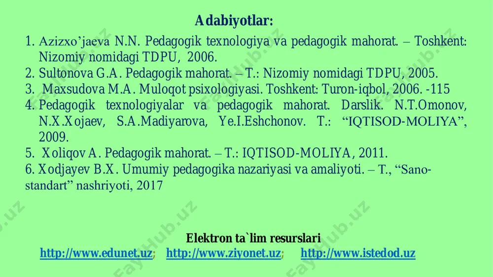 ik faoliyatda o’qituvchi o’z nutqini tashkil etishda quyidagilarga jiddiy e’tibor qaratishi zarur: adabiy (sheva so’zlarining qo’llanilmasligi) me’yorlariga (kadi – qovoq, pamildori – pomidor, kelutti – kelyapti, kartishka – kartoshka va hokazo tarzida) amal qilish; talaffuz (o, a, u ,o’, f, v, p, d, t, x, h, s, ts, j, sh) me’yorlariga (onor – anor, uxshash – o’xshash, palakat – falokat, hamit – hamid, xam – ham, sentner – tsentner, ijtimoiy – ishtimoiy kabi shakllar) rioya etish; kelishik me’yorlariga (sobirni ukasi – sobirning ukasi, o’quvchini daftari – o’quvchining daftari, poezdga keldim – poezdda keldim va boshqalar ko’rinishida) amal qilish 1 2 3 demak, nutq aniq va ravon bo‘lishi, grammatik jihatdan to‘g‘ri tuzilgan bo‘lishi, adabiy talaffuz qoidalariga bo‘ysunishi, boshlanishidan oxirigacha izchil bayon qilinishi lozim. ana shunday nutq asosida o‘rganilayotgan bilim o‘quvchi xotirasida uzoq vaqt saqlanib qoladi. shun- day nutq madaniy nutq talablariga javob beradi. buning uchun o‘qituvchilardan tinimsiz izlanish va o‘z ustida …