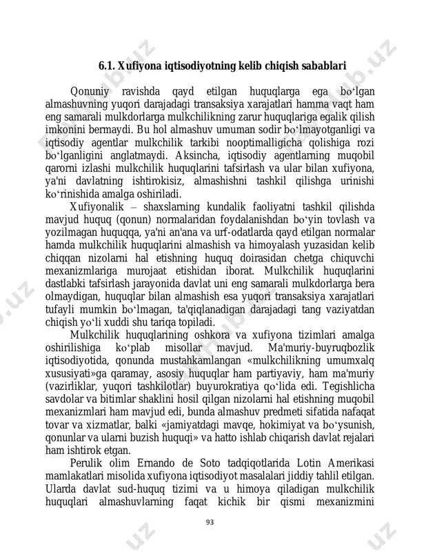 irok etishning birinchi darajali mezoni hisoblansa, ayni paytda o‘rnatilgan qoidalarga amal qilmaslik yoki ularni chetlab o‘tish esa xufiyona iqtisodiyotda ishtirok etish mezoni hisoblanadi. 93 6.1. xufiyona iqtisodiyotning kelib chiqish sabablari qonuniy ravishda qayd etilgan huquqlarga ega bo‘lgan almashuvning yuqori darajadagi transaksiya xarajatlari hamma vaqt ham eng samarali mulkdorlarga mulkchilikning zarur huquqlariga egalik qilish imkonini bermaydi. bu hol almashuv umuman sodir bo‘lmayotganligi va iqtisodiy agentlar mulkchilik tarkibi nooptimalligicha qolishiga rozi bo‘lganligini anglatmaydi. aksincha, iqtisodiy agentlarning muqobil qarorni izlashi mulkchilik huquqlarini tafsirlash va ular bilan xufiyona, ya'ni davlatning ishtirokisiz, almashishni tashkil qilishga urinishi ko‘rinishida amalga oshiriladi. xufiyonalik – shaxslarning kundalik faoliyatni tashkil qilishda mavjud huquq (qonun) normalaridan foydalanishdan bo‘yin tovlash va yozilmagan huquqqa, ya'ni an'ana va urf-odatlarda qayd etilgan normalar hamda mulkchilik huquqlarini almashish va himoyalash yuzasidan kelib chiqqan nizolarni hal etishning huquq doirasidan chetga chiquvchi mexanizmlariga murojaat etishidan iborat. mulkchilik huquqlarini dastlabki tafsirlash jarayonida davlat uni eng samarali mulkdorlarga bera olmaydigan, …