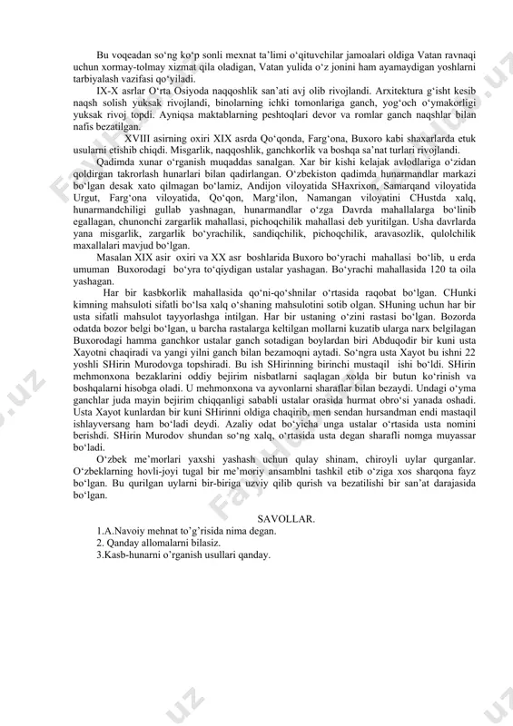 lishga chaqiradi. halq pedagogikasida “yoshlikda egallangan bilim, hunar toshga o’yib yozilgan hikmatdur” – deb tahkidlanadi. “farzandlarga odob-hunar o’rgatmak merosdur” – deb nasihat qilinadi qobusnomada “sen odob, hunar va donishini o’zingdan meros qilgin, toki uning haqqini bajo kelturmish bo’lgaysan”. chunki xos kishilarning farzandiga odob va hunardan yaxshiroq meros yo’qdir. oliy xaloyiqning farzandlariga xirfa (savdo hunari) pesha (kasb) din yaxshiroq meros yo’qdir. agar xos odamlarning farzandlari yuz hunar bilsa va lekin hech kasbni bilmasa ayb emasdur. hunar esa bir kun ishga yaragusidir. demak albatta hunar o’rganmoq zarurdir: o’tay o’g’lingga bilan desang agar, sen o’qishdi, o’rgatgin ilmu-hunar. agarda senda koruncha ham bo’lmasa zar, o’z o’g’ishmingni qoldirmagin behunar. hunarning nechog’lik zarur ekanligini qator rivoyatlar, naqllar, ertak dostonlarda ham o’z aksini topgan. “oltin baliqcha”, “savdogar bilan podachi”, “sirli gilamcha”, “baliqchi bola”, “ikki naqqosh ishi” kabi ertaklar “hasanxon”, “rustam”, “ziyod” kabi dostonlar shular jumlasidandir. hunar egallash ham bir fazilatdir mahoratdir. hunar egallashda halollik, poklik, sabr-qanoat, matonat, …