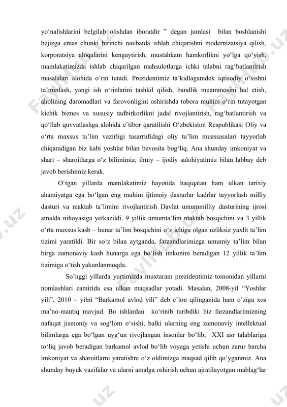 ni qurayotgan xalqimiz uchun xorijiy tillarni mukammal bilishning ahamiyatini baholashning hojati yo‘qdir…” muhtaram prezidentimiz islom abdug’aniyevich karimovning o’zbekiston respublikasi oliy majlisi qonunchilik palatasi va senatining qo’shma majlisidagi maruzasida bayon etilgan "mamlakatimizda demokratik islohotlarni yanada chuqurlashtirish va fuqorolik jamiyatini rivojlantirish konsepsiyasi"[footnoteref:5] nafaqat mamlakatimizda balki butun jahon hamjamiyatining diqqat markazida turibdi. zero, konsepsiyaning har bir bo'limi mamlakatimiz istiqbolini belgilovchi o'ziga xos dasturi amaldir. konsepsiyada aholining faollashuvida katta o'rin tutgan siyosiy partiyalarning rolini oshirishga, oliy majlis palatalari faoliyatini takomillashtirish, qonun ustivorligiga berilgan e'tibor, shubhasiz, mamlakatimizning birorta fuqorosini befarq qoldirmaydi.ularda vatan istiqboli uchun shu yurtda yashovchi har bir inson mas'ul ekani haqidagi qatiyat yanada yorqinroq ifodalangan. bu davrda xususiy mulkni huquqiy jihatdan himoya qilishni kuchaytirish, mamlakatimizda har tomonlama baquvvat mulk egalari sinfini shakllantirish, fermerlik harakatini mustahkamlash, iqtisodiyotni yanada liberallashtirishni ta'minlash, tadbirkorlik, avvalo kichik biznes faoliyatini rivojlantirish uchun qulay shart-sharoitlar yaratish, keng tarmoqli bozor infratuzilmasini barpo etishini nazarda tutadigan qonun hujjatlari yaratildi. [5: i.a. karimov …