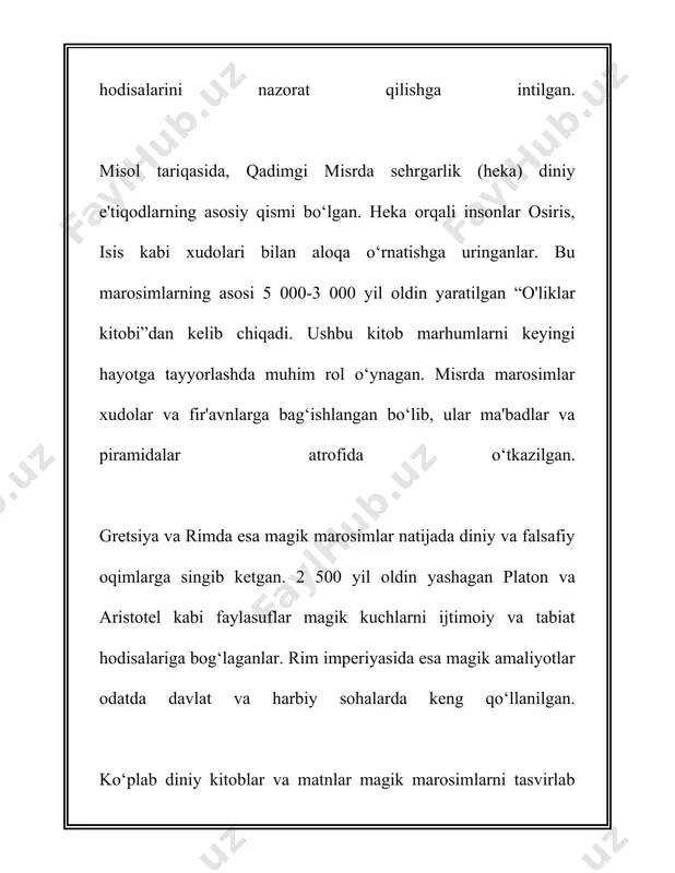 gan. to‘rtinchidan, urf-odatlarga ko‘ra, oila a’zolarini va uy-joyni buzilishdan, yomon kuchlardan himoya qilish uchun amalga oshiriladigan marosimlar mavjud edi. masalan, “shambariya” deb ataluvchi chuqur diniy va an’anaviy maroasimi ham aynan shunday maqsadda amalga oshirilgan. ishonishadiki, bu singari marosimlar tabiat bilan uyg‘unlikda yashash, muqaddaslikka erishish, inson hayotini yanada mazmunli qilish, tabiat hodisalarini anglash kabi chuqur maqsadlarni o‘z ichiga oladi. ushbu marosimlar tomonidan nafaqat diniy va e'tiqodiy ehtiyojlar qondirilgan, balki ular kishilarning jamiyatdagi o‘rnini, ularning axloqiy-me'yoriy kurashlarini ham ifodalaydi. bu esa o‘z navbatida xalqning ruhiy va madaniy hayotida sezilarli iz qoldiradi. bu magik marosimlar o‘zbekiston xalqining madaniy merosining ajralmas qismi sifatida muntazam ravishda o‘rganilib, tadqiq etilib kelinmoqda. har bir viloyat, har bir xalq guruhining o‘ziga xos marosimlari mavjud bo‘lib, ular xalqning boy tarixiy va madaniy xotirasi haqida ko‘plab ma'lumotlarni saqlab qolishga yordam beradi. 3. marosimlarda ishlatiladigan magik diniy atributlar marosimlarda ishlatiladigan magik diniy atributlar ko'plab madaniyatlar va dinlarda muhim o'rin tutadi. ular …
