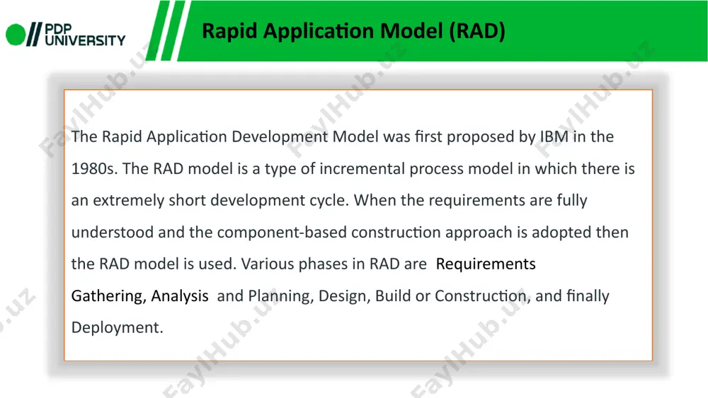 eedback and building the prototype using developer tools. in other words, it includes re-examination and validation of the data collected in the first phase. the dataset attributes are also identified and elucidated in this phase. rapid application model (rad) phases construction – in this phase, refinement of the prototype and delivery takes place. it includes the actual use of powerful automated tools to transform processes and data models into the final working product. all the required modifications and enhancements are to be done in this phase. rapid application model (rad) phases cutover – all the interfaces between the independent modules developed by separate teams have to be tested properly. the use of powerfully automated tools and subparts makes testing easier. this is followed by acceptance testing by the user. the process involves building a rapid prototype, delivering it to the customer, and taking feedback. after validation by the customer, the …
