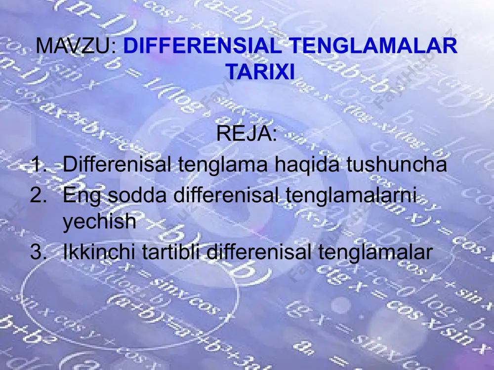 birinchi tartibli differensial tenglama hosil bo’ldi. 2.nyutonning ikkinchi qonuni bo‘yicha moddiy nuqtaning t vaqt momentidagi tezlanishi ga teng, bunda f - nuqtaga ta’sir etayotgan kuch, m - nuqta massasi. a tezlanish x nuqta koordinatasining vaqt bo‘yicha olingan ikkinchi tartibli hosilasiga teng ekanligidan ushbu ikkinchi tartibh differensial tenglamaga ega bo’lamiz: f(t)=mx"(t). (2) 3.muhitning unda harakat qilayotgan nuqtaga f qarshilik kuchi nuqtaning v tezligiga proporsional va shu tezlikka qarshi yo‘nalgan, ya’ni f(t) = -kv(t) yoki (2) tenglikka asosan mx"(t) = -kv(f), yoki v(t) = x'(t) bo‘lganligidan mx"(t) = -kx'(t) va shu kabi x"(t) = (x'(t))'= v'(t) bo‘lganligidan mv'(t) = -kv(t). 4. m massali nuqta f tortilish kuchining ta’siri ostida yerga tushmoqda, ya’ni bunda y — gravitatsiya doimiysi, m — yer massasi, x — nuqtadan yer markazigacha masofa (tenglikdagi “minus” ishorasi f kuch koordinatalar o‘qida manfiy yo‘nalganligi sababli qo‘yilgan). tenglikni (2) munosabatdan foydalanib, ko‘rinishda, yoki x=r va f=-mg ekanligidan yoki bo‘lgani uchun ko‘rinishda …