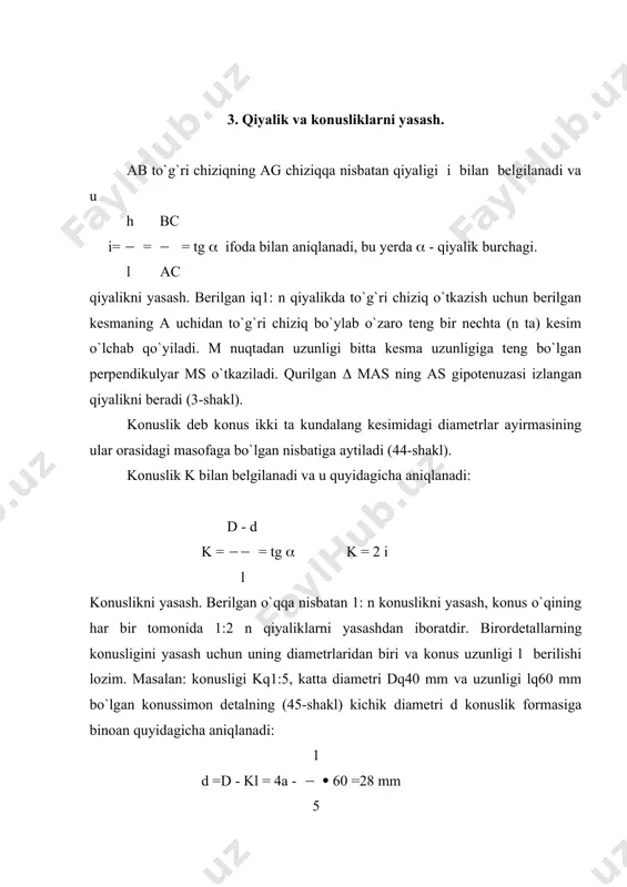 g o`zaro ko`rinishi xususiyatlariga asoslangan. _uyida turlicha tutashmalarning yasalish usullari bilan tanishtirib chiqiladi. 1 kesuvchi ikki to`g`ri chiziqni r radiusli yoy vositasida tutashtirish. tutashma markazi o berilgan to`g`ri chiziqlarga parallel va ulardan tutashma yoyning radiusi r ga teng masofada o`tuvchi yordamchi kesmalarning kesishgan nuqtasida yotadi. o markazdan, berilgan to`g`ri chiziqlarga perpendikulyar tushirib, tutashish nuqtalari k1 va k2 aniqlanadi, so`ngra tutashma yoyi o`tkaziladi. 2 aylana bilan to`g`ri chiziqning tashqi tutashmasini r radiusi yoy yordamida yasash. tutashma markazi o radiusi r q r1 yordamida chizilgan yoy bilan r masofada berilgan kesmaga parallel o`tuvchi to`g`ri chiziqning kesishgan nuqtasida yotadi.o va o1 nuqtalarni birlashtirib, berilgan kesma k2 va o dan perpendikulyar o`tkazib, tutashish nuqtasi k1 topiladi. 3 berilgan ikki aylanaga ichki urinma o`tkazish. o markaz orqali radiusi berilgan aylanalar radiuslarining yig`indisi rqr1 ga teng bo`lgan yordamchi aylana o`tkaziladi. 4 ikki aylananing tashqi tutashmasini r radiusli yoy vositasida yasash. o tutashma markazi o1 va o2 …