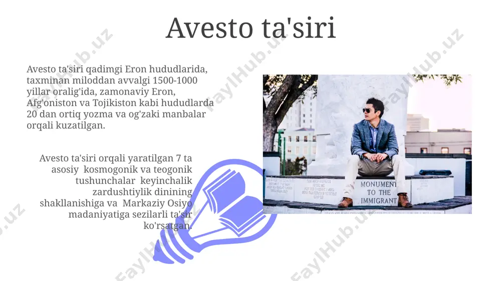 hududidagi aryan xalqlarining qadimgi madaniyati bilan bogʻliq boʻlib, taxminan 7 ta asosiy qismdan iborat. avesto matnlarining dastlabki nusxalari, taxminan miloddan avvalgi 6-asrda, hozirgi xorazm viloyati hududidagi qadimgi shaharlarda paydo boʻlgan yozuv tizimlari orqali yozilgan degan taxminlar mavjud. avesto nima? avesto yodgorliklari turli xil yozuv tizimlarida, shu jumladan, qadimgi fors yozuvida saqlanib qolgan boʻlib, uning qismlari hozirgi kunda dunyoning 30 dan ortiq kutubxonalarida mavjud. avesto — qadimgi eron xalqining, taxminan miloddan avvalgi 1400-650 yillar oraligʻida, zamonaviy eron, afgʻoniston va tojikiston hududlarida yashagan zardushtiylik dinining muqaddas matnlar toʻplami boʻlib, 21 ga yaqin kitobdan iborat. avestoda axloqiy qoidalar 01 02 avesto qoidalarida ijtimoiy adolat, oilaviy qadriyatlar va ijtimoiy mas'uliyat singari muhim 20 dan ortiq tushuncha qayd etilgan bo'lib, ular zamonaviy dunyo uchun ham dolzarbdir. sales 1st qtr 2nd qtr 100 0 sales 1st qtr 2nd qtr 100 0 e'tiboringiz uchun rahmat @taqdimot_robot image4.jpg image5.jpg image6.jpg image7.jpg image8.jpg image9.jpg image10.jpg image11.jpg image12.jpg image13.jpg image14.jpg …