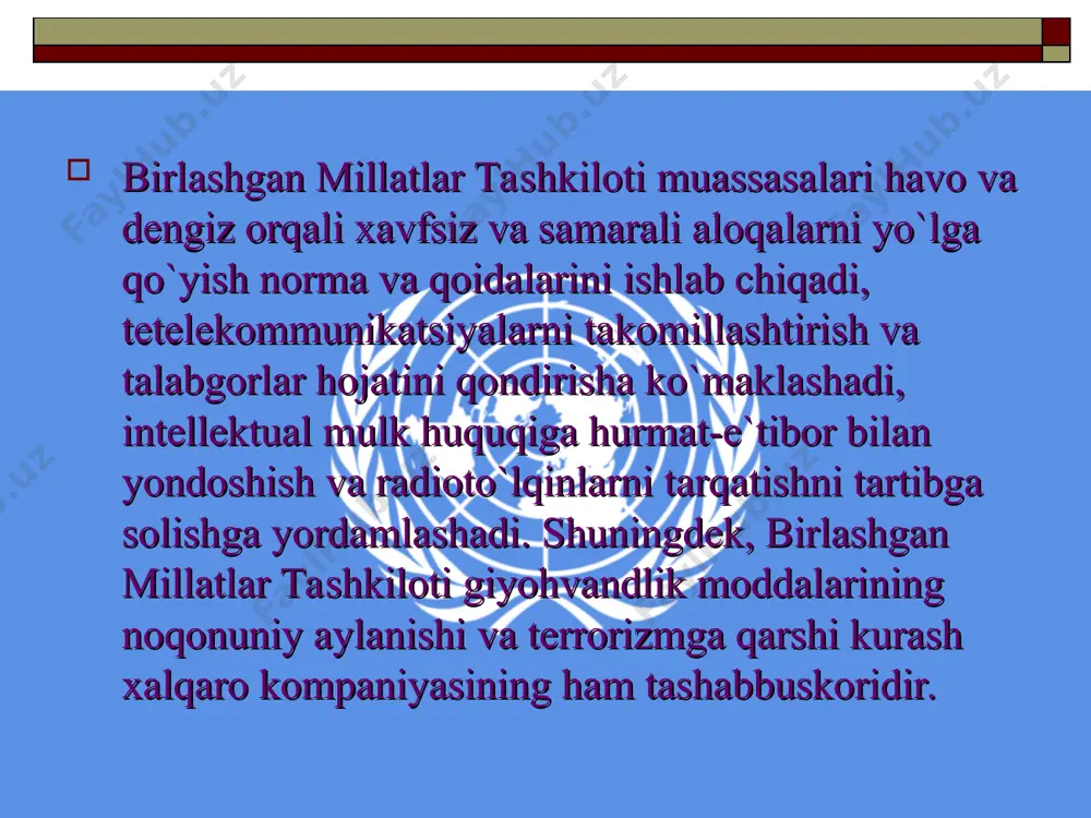 sh tavsiyalari yangi a`zolarni qabul qilish yoki birlashgan millatlar tashkiloti budjetini tasdiqlash, shu jumladan, tinchlikni saqlash operatsiyalariga mablag` ajratish singari muhim masalalar ko`pchilik, aniqrog`i, uchdan ikki qism ovoz bilan qabul etiladi.