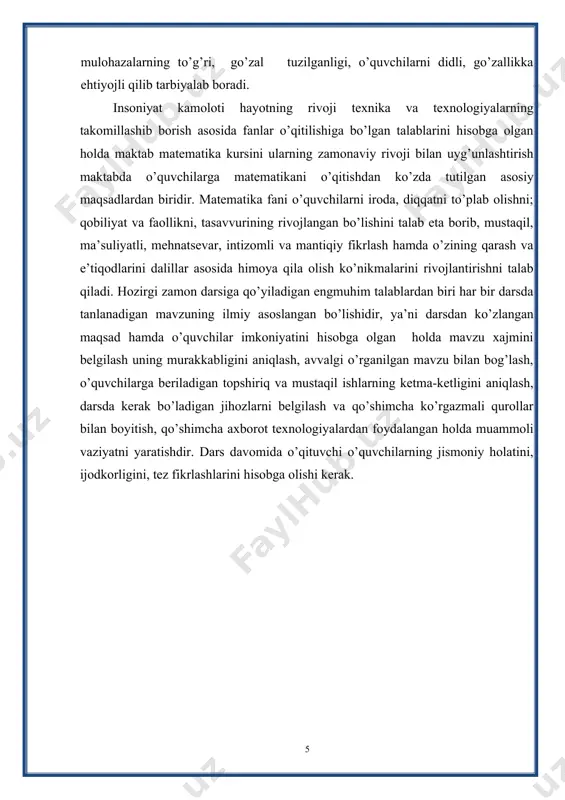 atning da chekli limiti mavjud, tengsizlikda limitga o‘tish haqidagi teoremaga ko‘ra, bu limit nomanfiy bo‘ladi, ya’ni yetarliligi. ∀x(a;b) uchun f’(x)≥0 bo‘lsin. endi x1 0 (f(x) 0 (f’(c) f(x1) (f(x2) f(x0)) tengsizlik, x>x0 bo‘lganda esa f(x)>f(x0) (f(x) 0 soni qanday bo‘lmasin n ning yetarlicha katta qiymatlarida (-δ; δ) atrofida ham musbat, ham manfiy qiymatlarni qabul qiladi. bundan f(x) funksiyaning o‘zi x=0 nuqtada o‘suvchi bo‘lgani bilan bu nuqtaning ∀(-δ; δ) atrofida hosilaga ega, lekin shu atrofda monoton emasligi kelib chiqadi. yuqorida biz f(x)= funksiya hosilasi ekanligini ko‘rdik. shu hosilani uzluksizlikka tekshiraylik. agar x0 bo‘lsa, f’(x) funksiyaning uzluksizligi ravshan. agar x=0 bo‘lsa, u holda mavjud emas, demak hosila x=0 nuqtada uzilishga ega. o‘quvchilarga quyidagi teoremani isbotlashni taklif qilamiz: teorema. agar x0 nuqtada f(x) funksiya hosilasi mavjud, uzluksiz va f’(x0)>0 bo‘lsa, u holda x0 nuqtaning shunday (x0-δ;x0+δ) atrofi mavjud bo‘lib, bunda f(x) funksiya o‘suvchi bo‘ladi. 4-. funksiyaning ekstremumlari. aytaylik f(x) funksiya (a,b) intervalda aniqlangan …