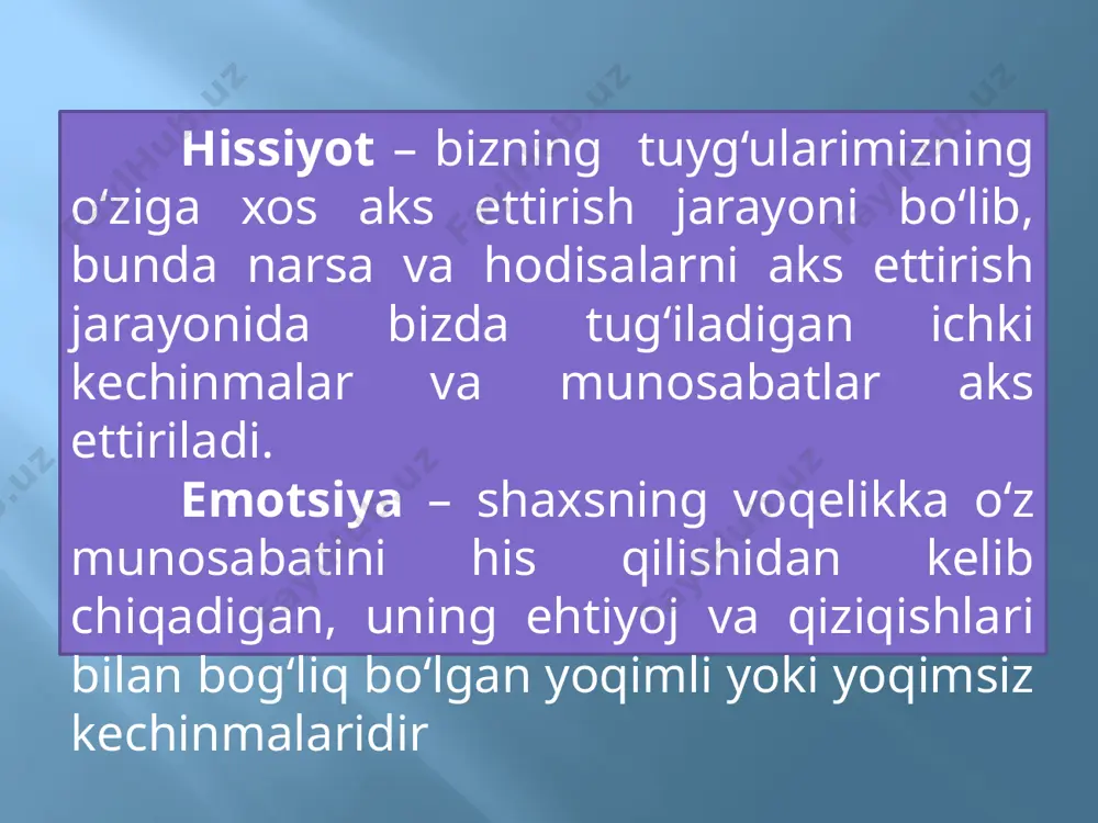 kayfiyatlarda aniq yashaydigan umumlashtirilgan hislar deyiladi. yuksak hislarning muhim turlari kо‘rsatiladi: praksik , axloqiy, intellektual, estetik turlari ajratiladi. praksik hislar - inson amaliy hayotining istalgan sohasi maqsadga muvofiq aqliy faoliyatiga, shaxsning ularga nisbatan muayyan munosabatda bо‘lish sohasiga aylanib qoladi. ahloqiy hislar - odamning boshqa kishilarga, jamoa va о‘zining ijtimoiy burchlariga bо‘lgan munosabatlarida ifodalanadi. estetik his deganda biz gо‘zallikni idrok qilish, gо‘zallikdan zavqlanish va gо‘zallik yaratishga intilishni tushunamiz. intellektual hissiyotlar odamning bilish jarayoni bilan bog‘liq bо‘lgan hissiyotlar bо‘lib, biror narsadan hayron qolish, hayratda qolish, shubhalanish kabi holatlarda ifodalanadi. image2.jpeg /docprops/thumbnail.jpeg