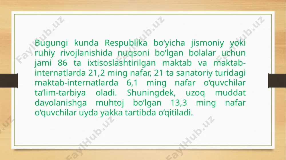 nsepsiyani amalga oshirishdan kutilayotgan natijalar konsepsiya doirasida belgilangan vazifalarni bajarish orqali 2020 — 2025-yillarda xalq ta’limi tizimida inklyuziv ta’limni rivojlantirishda quyidagi ko‘rsatkichlarga erishish nazarda tutiladi: - alohida ta’lim ehtiyojlari bo‘lgan shaxslarning rivojlanishi, reabilitatsiyasi, jamiyatga integratsiyalashuvida inklyuziv ta’limning strategik omil sifatidagi roli tasdiqlanadi; alohida ta’lim ehtiyojlari bo‘lgan bolalarning ta’limiy muhiti yaxlitligi mustahkamlanadi, ularning jamiyatga integratsiyasi uchun zarur sharoitlar ta’minlanadi; - davlat, jamiyat, shaxsning inklyuziv ta’lim sohasidagi manfaatlarini muvofiqlashtirish mexanizmlari yaratiladi; - inklyuziv ta’lim tizimining umumiy qulayligi, uzluksizligi, ta’lim sifati, shuningdek o‘quvchilarning rivojlanish darajasi, xususiyatlariga moslashuvchanligi va variativligiga erishiladi; - inklyuziv ta’lim sohasidagi xalqaro munosabatlar doirasida o‘zaro hamkorlik aloqalari mustahkamlanadi; - o‘quvchilar ta’limiy ehtiyojlarning o‘ziga xosligini inobatga olgan holda sifatli ta’lim olishi uchun ular davlat tomonidan qo‘llab-quvvatlanadi; - inklyuziv ta’limni bosqichma-bosqich joriy etish orqali alohida ta’lim ehtiyojlari bo‘lgan bolalar uchun ixtisoslashtirilgan ta’lim muassasalari optimallashtiriladi, ularda ta’lim olayotgan o‘quvchilarning teng huquqli jamiyat a’zosi sifatida umumta’lim muassasalarida bilim olishi ta’minlanadi; - pedagogik yo‘nalishdagi oliy …