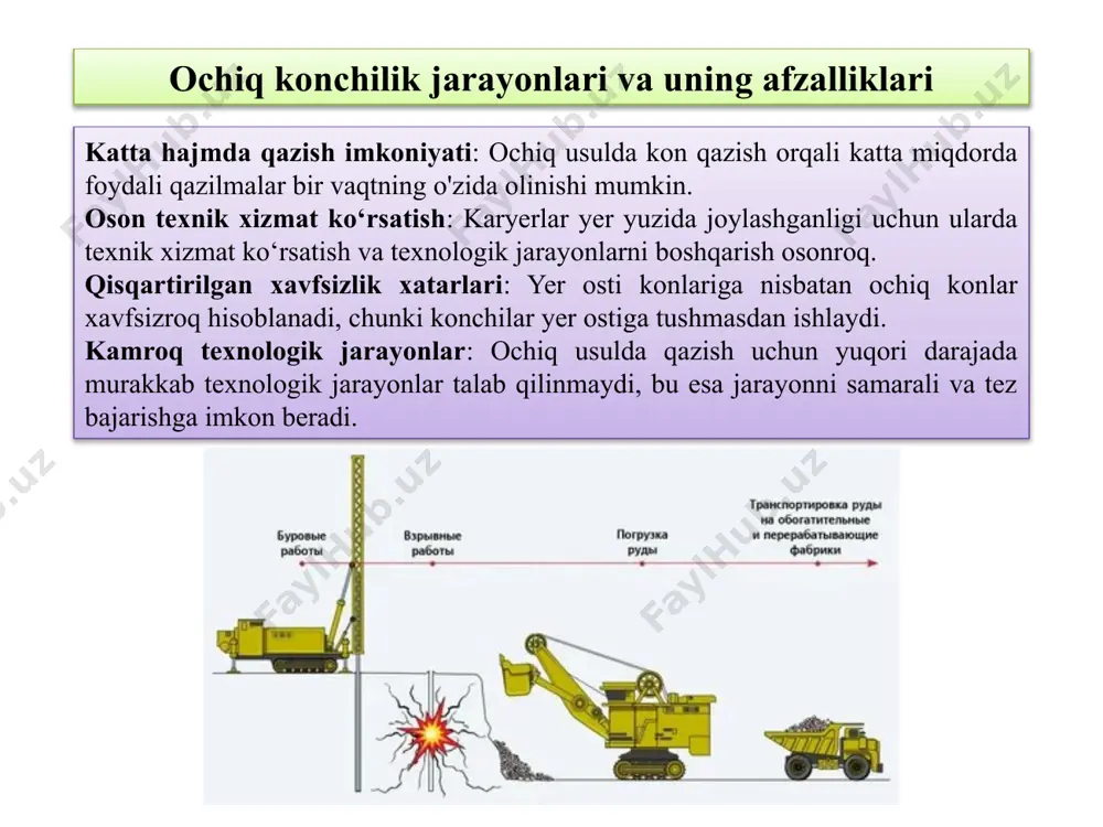 shootlarni buzib, elektr liniyalarini karyer hududidan olib tashlash ishlari bajariladi. kommunikatsiyalarni ko‘chirish: suv xavzalari va yo‘llar boshqa joylarga ko‘chiriladi. to‘rt asosiy davrni batafsil yoritish 2. karyerni qurish davri bu bosqichda kon maydoniga ishlov berilib, qazish ishlarini amalga oshirish uchun karyer tayyorlanadi. qazish frontlarini barpo etish: kon massasini olib tashlash, transport yo‘llari va maxsus lahimlarni yaratish orqali qazib olish ishlari amalga oshiriladi. transport yo'llarini qurish: foydali qazilma va qoplama jinslarni ko'chirish uchun infratuzilma yaratiladi. to‘rt asosiy davrni batafsil yoritish 3. karyerni ekspluatatsiya qilish davri ekspluatatsiya jarayoni boshlangan vaqtda ikkita asosiy jarayon amalga oshiriladi: qoplama jinslarni qazib olish: foydali qazilmaning yuzasini ochish maqsadida qoplama jinslarni qazib olish ishlari. foydali qazilmani qazib olish: qoplama jins olib tashlangandan so‘ng, bevosita foydali qazilmalarni qazib olish boshlanadi. tog‘ jinslarini ommaviy qazib olishda karyerlardagi kompleks mexanizatsiya strukturalari sxemalari: а — ekskavator-temir yo‘l sxemasi, б — ekskavator-avtomobil sxemasi, в — traktor-g‘ildirakli, г — traktor-konveyer sxemasi, д — ekskavator-avtomobil-konveyer …