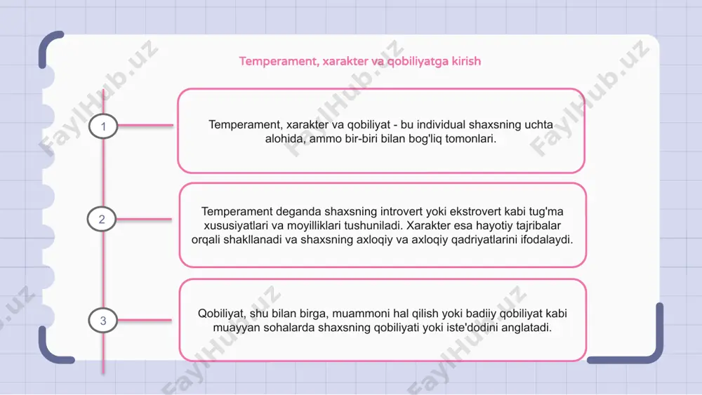 u bizning shaxsiyatimizning asosidir va boshqalar bilan qanday munosabatda bo'lishimizga ta'sir qiladi. xarakter esa bizning qarorlarimiz va harakatlarimizni shakllantiradigan axloqiy va axloqiy fazilatlarni anglatadi. bu bizning qadriyatlarimiz va e'tiqodlarimizni aks ettiradi, bu bizning munosabatlarimizga sezilarli ta'sir ko'rsatishi mumkin. qobiliyat, bu kontekstda bizning mahoratimiz va iste'dodlarimizni anglatadi. bu biz qila oladigan va erisha oladigan narsadir va u boshqalar bilan qanday munosabatda bo'lishimiz uchun ham rol o'ynaydi. xarakterni rivojlantirish orqali chidamlilikni shakllantirish temperament, xarakter va qobiliyat xarakterni rivojlantirish orqali chidamlilikni shakllantirishning muhim omillaridir. temperament deganda shaxsning introvert yoki ekstrovert kabi tabiiy tendentsiyalari va xususiyatlarini bildiradi. xarakter esa tajribalar, qadriyatlar va harakatlar orqali shakllanadi va vaqt o'tishi bilan rivojlanishi va mustahkamlanishi mumkin. 1 2 3 inson salohiyatini ochish: qobiliyatlar kuchi temperament, xarakter va qobiliyat inson salohiyatini ochishga yordam beradigan asosiy elementlardir. ushbu uch omilning kombinatsiyasi yangi imkoniyatlarni ochish va katta yutuqlarga erishish qudratiga ega. ushbu qobiliyatlarni tushunish va ulardan foydalanish shaxsiy va professional …