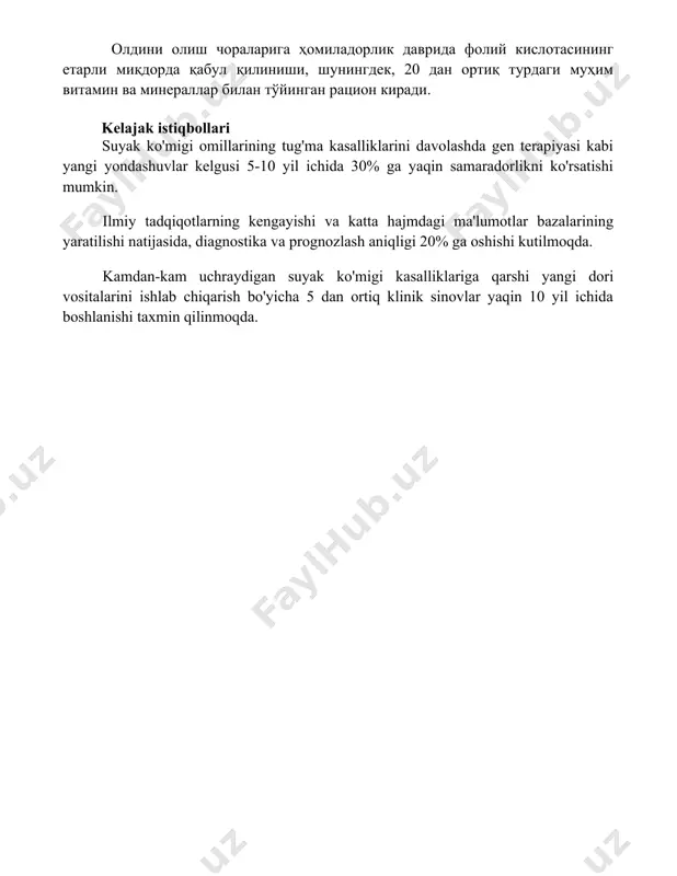 ondashuvlar kelgusi 5-10 yil ichida 30% ga yaqin samaradorlikni ko'rsatishi mumkin. ilmiy tadqiqotlarning kengayishi va katta hajmdagi ma'lumotlar bazalarining yaratilishi natijasida, diagnostika va prognozlash aniqligi 20% ga oshishi kutilmoqda. kamdan-kam uchraydigan suyak ko'migi kasalliklariga qarshi yangi dori vositalarini ishlab chiqarish bo'yicha 5 dan ortiq klinik sinovlar yaqin 10 yil ichida boshlanishi taxmin qilinmoqda. 📌xulosa суяк кўмигининг туғма касалликлари ҳужайраларнинг ривожланиши ва функциясига жиддий таъсир кўрсатиб, қон касалликларига, иммунитет етишмовчилигига ва бошқа оғир асоратларга олиб келиши мумкин. эрта диагностика ва даволаш муҳим аҳамиятга эга. 📚foydalanilgan adabiyotlar 1. … (manba ko'rsatilishi kerak) 2. … (manba ko'rsatilishi kerak) 3. … (manba ko'rsatilishi kerak) 4. … (manba ko'rsatilishi kerak) 5. … (manba ko'rsatilishi kerak) 6. … (manba ko'rsatilishi kerak) 7. … (manba ko'rsatilishi kerak) 8