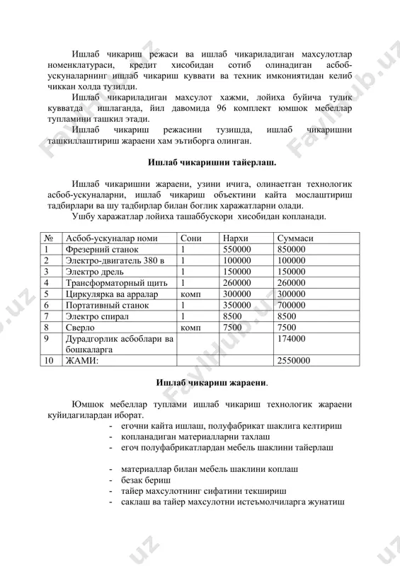 0 8. мих – 20 мм. кг 0,5 1000 500 9. пахта кг 50 150 7500 10 пружина дона 100 15 1500 11 материал м 12 1000 12000 жами 58595 1 куб егочдан, кредит хисобидан олинадиган дастгохдан 280 м. мебель учун керак булган яримфабрикат рейка чикади. 1куб егочнинг нархи – 100000 сумга тенг. 1м рейканинг нархи –253,5 сумни ташкил этади. 1 комплект юмшок мебеллар тупламини ишлаб чикаришга килинадиган бошка харажатлар, туплам таннархининг 5% микдорида кабул килинган. 1 комплект туплам учун- 2929 сумни ташкил этади. 1 комплект юмшок мебеллар тупламининг ишлаб чикариладиган таннархи 61525 сумни ташкил этади. 1 ой муддат ичида 8 комплект юмшок мебеллар туплами ишлаб чикарилади. якка тартибдаги тадбиркорга уз оила аъзолари ёрдам беришади. 1ой ичида ишлаб чикариладиган махсулотларнинг таннархи 492198 сумни ташкил этади. v.солиглар, туловлар ва чегирмалар. якка тартибдаги тадбиркор ________ хунармандлар уюшмасига аъзо булганлиги сабабли солик туламайди. v1. молиявий режа. 1 комплект юмшок мебеллар тупламининг сотилиш нархи, …