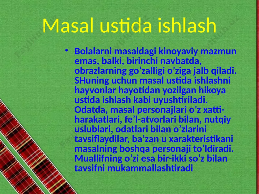 fodalashga to’g’ri keladi”. bunda “ohangdorlik va musiqiylikni vujudga keltiradi”. she`r she’rni o’qish darslarida asosiy ish turi ifodali o’qish hisoblanadi. o’quvchi she’rning asosiy (g’oyaviy) mazmunini tushunsagina, uni ifodali o’qiy oladi. shuning uchun she’rni tahlil qilib, uning mazmunini o’quvchilarga tushuntirish lozim. she’riy hikoyani tahlil qilishda, asosan, hikoya, ertak, masalni tahlil qilinganidagi ish turlaridan foydalanish mumkin. tursunboy adashboevning “navoiy bobomlar” she’riy hikoyasi mazmuni savollar yordamida gapirtirilishi mumkin. ammo lirik she’rni o’qish va tahlil qilish o’qituvchidan katta mahorat talab qiladi. lirik she’rni o’qish darsida eng asosiy ish turi uni his-hayajon bilan ifodali o’qishdir. she’r ifodali o’qilgach, undagi tushuntirilishi zarur bo’lgan so’z va iboralar ikki-uch so’z bilan qisqacha izohlanadi. she’rni o’qish she’rni o’qishdan oldin ba’zan unda tasvirlangan yil fasllari haqida suhbat o’tkaziladi yoki she’r mazmunini tushunish uchun o’quvchilar bilishi lozim bo’lgan voqealarni o’qituvchi qisqa aytib beradi. ba’zi she’rlarni o’qishga o’quvchilarni uzoqroq tayyorlash, masalan, qudrat hikmatning “qish”, “bahor” she’rlarini o’qishdan oldinroq tabiatni kuzatish, boqqa, qir-adirlarga ekskursiya …