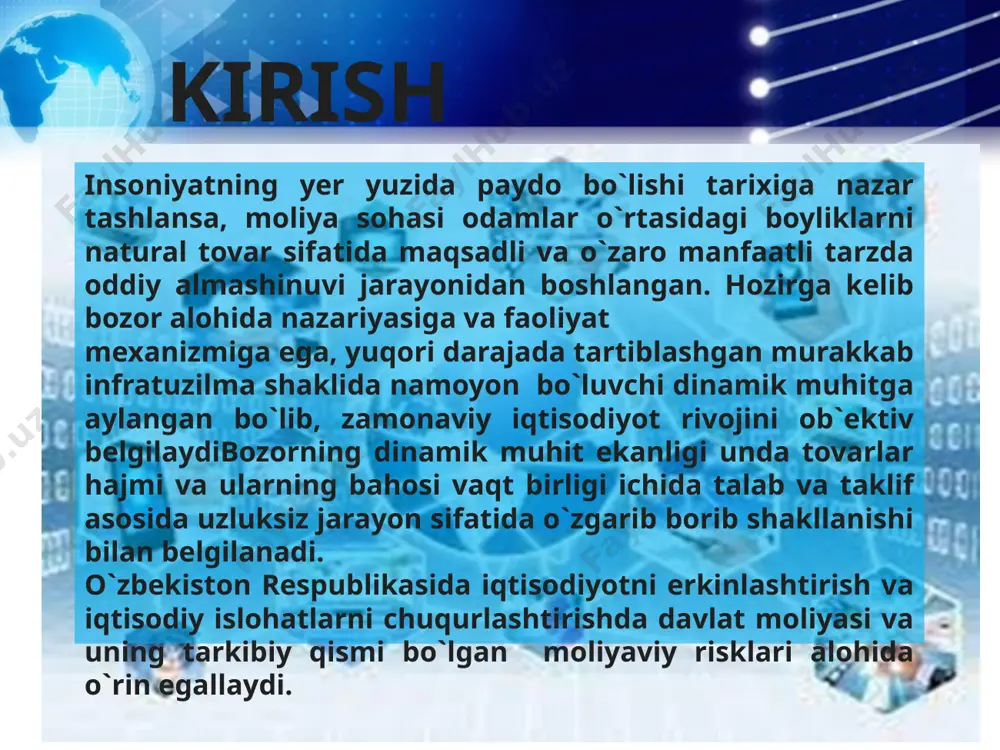 adiganan daromadning kutilganida farqlanishi kabi ehtimol bo`lgan natijalarga asoslanadi. moliya sohasida risk keng talqinda tushuniladi.shu bois risk nafaqat daromadni qo`ldan chiqarish balki uning kutilgandan pastligi ya`ni salbiy natija balki foydaning kutilganidan yuqoriligi ya`ni ijobiy ko`rsatkich sifatida ham namoyon bo`lishi mumkin.shunga asosan moliyaviy risklarning asosiy belgilarini ajratib ko`rsatish mumkin mazkur risklar noaniqlik holatida yuzaga keladi va ularning asosiy mezoni ehtimollika asoslanadi. riskning pirovard natijasi mol-mulkni yo`qotish amaliyotda korxonalar miqyosida moliyaviy risklarni neytrallashtirishning ichki va tashqi mexanizmlari keng qo`llaniladi. bunda moliyaviy risklarni neytrallashtirishning ichki mexanizmlari sifatida risklardan qochish moliyaviy operatsiyalar bo`yicha chegaralar belgilash xedjirlash diversifikatsiyalash risklarni taqsimlash va boshqalarni keltirish mumkin. moliyaviy risk turlari bozor riski likvidiklik riski kredit riski foiz riski valyuta riski moliyaviy risklarni neytrallashtirishning mexanizmlar 1.ichki mexanizmlar 2.tashqi mexanizmlar bozor riski likvidiklik riski kredit riski foiz valyuta moliyaviy risk turlari moliyaviy risklarni boshqarishning ob`ektiv zarurligi riskni boshqarishda tayor mahsuloti bo`lmaydi, lekin uning uslublari riskni kamaytirishni har hil yo`llari va …
