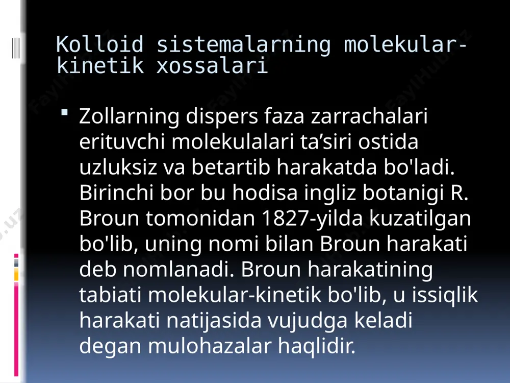 natijada zarracha yondoshgan suv qavati aloxida xossalar (o‘ta yopishqoqlik bilan taranglik) ga ega bo`lib qoladi, b u e s a zarrachalarning birikishiga to‘sqinlik qiladi. shulse - gardi qoidasi. zollarning koagullanishiga elektrolitlar ta’sirini o‘rganish natijasida shulse va gardi elektrolitlarning koagullash ta’siri kolloid zarrachalarning zaryadiga teskari bo‘lgan ion zaryadining kattaligiga bog‘liqligini aniqlab berdilar. 260 elektrneytral zarrachalar eng katta tezlik bilan koagullanadi. masalan, koagullanish boshlanishidan oldin musbat zaryadlangan zarracha diffuziya qavatidagi manfiy zaryadlangan qarama-qarshi ionlarning barchasi adsorbsion qavatga ko‘chirilgandagina ana shunday holda bo‘lishi mumkin. qo‘shilgan elektrolitning konsentratsiyasi qanchalik ko‘p bo‘lsa, diffuzion kavat shunchalik qattiq siqiladi, ζ-potensial shunchalik kichik bo‘ladi va koagullanish shunchalik tez boradi. elekrolitlarning koagullovchi ta’sir mexanizmi koagullovchi ionlar zaryadi qanchalik katta bo‘lsa, ular qapama-qarshi ionlarning diffuziya qavatini shunchalik kuchli siqadi. biroq, elektrolitlarning koagullovchi ta’siri faqat diffuziya qavatini siqishdan iborat bo‘lmay, balki shu bilan bir vaqtda kolloid zarrachaga qo‘shilgan elektrolitning granulalarga qarama-qarshi zaryadga ega bo‘lgan ionlarining tanlangan adsorbsiyasi sodir bo‘ladi. ionlar zaryadi …