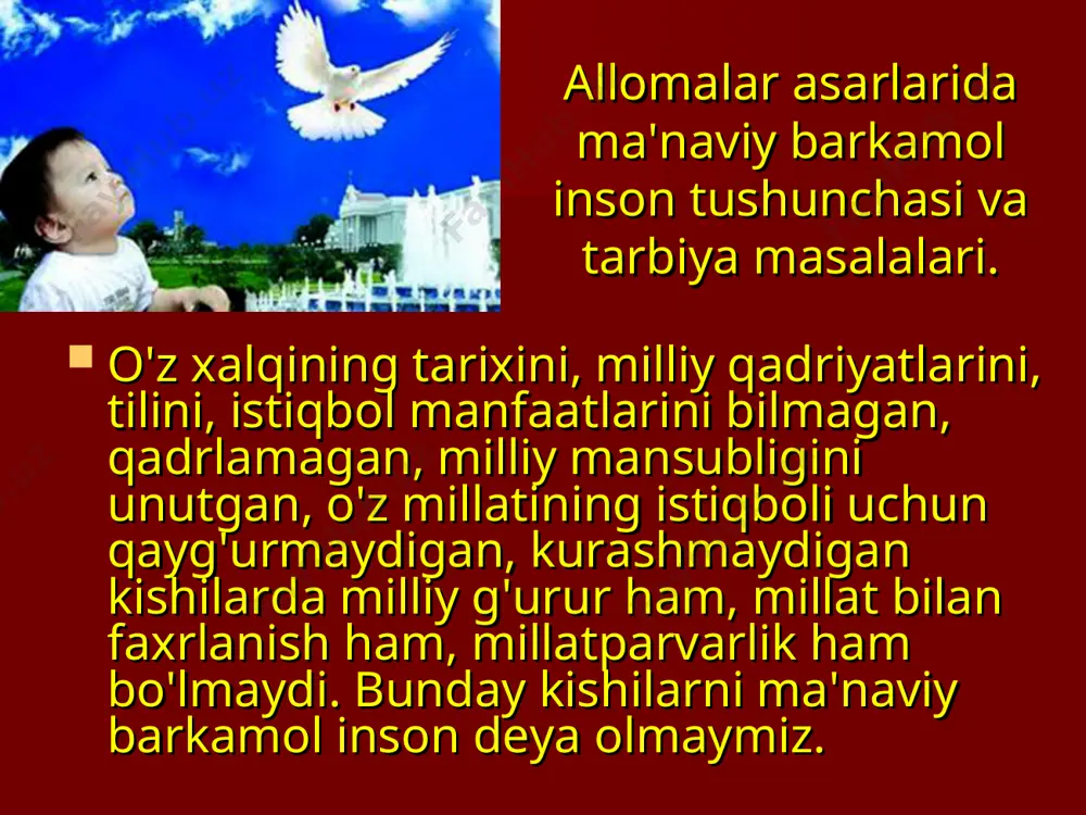yaxshi so'z, yaxshi fe'l, yaxshi axloq va maorif». bu sifatlar bilan ziynatlangan odam yolg'on, riyo va badkirdorlikdan chekinadi, hamma vaqt ezgu niyat bilan yashab, ezgu ishlarga tayyor turadi. komil, barkamol insonni tarbiyalash, voyaga yetkazish haqida musulmon sharqi axloqi tarixida inson hayoti uchun dasturulamal, qo'llanma vazifasini o'tagan ko'p pandnomalar, xalq kitoblari mavjud bo'lgan. shulardan ba'zilarini sanab o'tamiz. chunonchi, kaykovusning «qobusnoma», sa'diyning «guliston», «bo'ston», amir temurning «temur tuzuklari», abdurahmon jomiyning «bahoriston», alisher navoiyning «mahbubul-qulub», xusayn voiz koshifiyning «axloqi muhsiniy» va boshqalarni ko'rsatishimiz mumkin. bu asarlarning ko'pchiligida odil shoh va adolat, halollik, soflik, poklik, to'g'rilik, rostgo'ylik, insonparvarlik, ma'rifatli bo'lish kabi insonning sharqona fazilatlari berilgan. alisher navoiyning «nasoyimul muhabbat» asarida komil insonga xos xususiyatlar, uning sharqona fazilatlari sanab o'tilgan. bular qatoriga ulug' mutafakkir quyidagilarni kiritadi: tavba, halol luqma bilan qanoatlanish, o'z kasbidan topib kun o'tkazish, shariatga rioya etish, barchadan o'zini kam deb bilish, hatto farzandlari, xizmatkorlariga qo'pollik qilmaslik, chuchuk tilli bo'lish - yaxshi, muloyim …