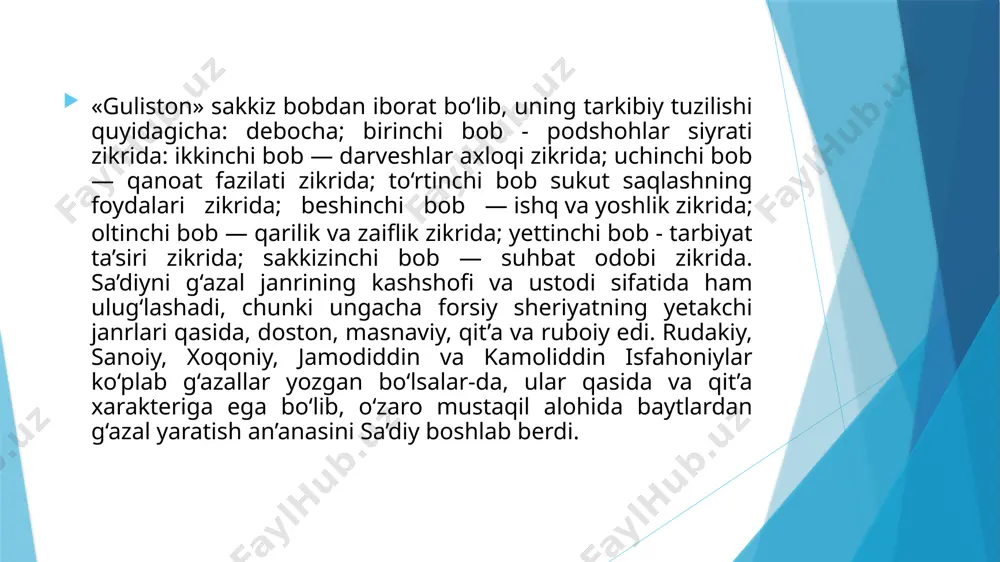 lgan. xix asrda «guliston» xiva xoni muhammad rahimxon ii — feruz topshirig‘i bilan zabardast shoir va mohir mugarjim muhammadrizo ogahiy tomonidan ikkinchi marta o‘zbek tiliga tarjima qilinadi. «guliston»ning uchinchi tarjimasi toshkentlik mudarris va shoir mullo murodxo‘ja solihxo‘ja o‘g‘li qalamiga mansub bo‘lib, u «shavqi guliston» deb atalgan. «murodxo‘ja madrasa talabalari ehtiyojini hisobga olib, asarning qiyin so‘z va iboratlarini sharhlagan va forsiy originalini ham qo‘shib, «g’ulomiya» matbaasida nashr ettiradi» (1909). 1968 yili «guliston»ning to‘rtinchi tarjimasi bosilib chiqdi. asardagi she’rlarni g’afur g’ulom va shoislom shomuhamedov, nasr qismini rustam komilovlar o‘zbekchalashtirishgan. image1.jpeg image2.jpeg image3.jpeg /docprops/thumbnail.jpeg