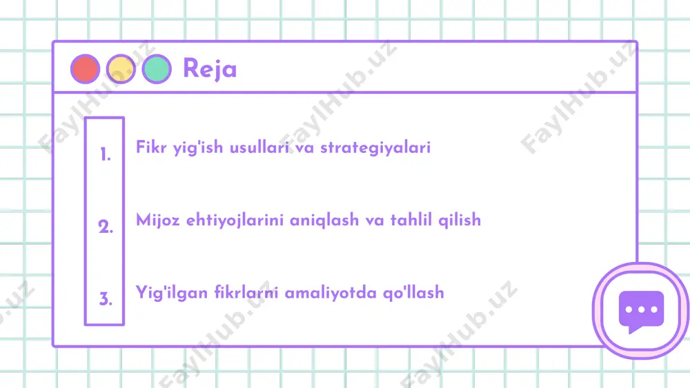 mavjud: 1. cheklangan ma'lumot: anketalar to'liq yoki chuqur ma'lumot taqdim etmasligi mumkin. 2. javob berish motivatsiyasi: mijozlar anketalarni to'ldirishda qiziqish yoki motivatsiya yo'qligi sababli ishtirok etmasligi mumkin. 3. sifat nazorati: anketalar orqali olingan ma'lumotlarning aniqligi va ishonchliligi har doim yuqori bo'lmasligi mumkin. onlayn so'rovlar mijozlarning fikrlarini yig'ish uchun samarali vosita bo'lib, quyidagi foydalarni taqdim etadi: keng auditoriyaga tez yetib borish, ma'lumotni oson tahlil qilish va xarajatlarni kamaytirish. biroq, ularning cheklovlari ham mavjud: respondentlarning ishonchliligi, so'rovga qatnashish darajasi va texnik muammolar. umuman olganda, onlayn so'rovlarning samaradorligi yuqori bo'lib, ular mijozlar fikrini to'g'ri aks ettirishda yordam beradi. onlayn so'rovlar: foydalari va cheklovlari photo by csaba balazs on unsplash intervyu usuli: to'g'ridan-to'g'ri muloqot mijozlar bilan intervyu o'tkazish jarayoni muhim tadbir hisoblanadi. bu jarayon davomida mijozlar bilan bevosita muloqot qilinib, ularning fikr va ehtiyojlarini chuqurroq tushunish maqsadida savollar beriladi. intervyu usulining afzalliklari orasida: 1) mijozlar bilan shaxsiy aloqani o'rnatish, 2) ularning fikrlarini batafsil o'rganish, …