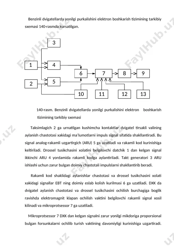 ’sir kiluvchi kup omillarni xisobga oladi va yonilgi uzatilishini murakkab boglanishlar orkali amalga oshiradi. bu dvigatelni ancha tejamli ishlashini ta’minlaydi. shu bilan birga tuzilishining murakkabligi va unga xizmat kursatish uchun yukori malakali mutaxassislar zarurligi - bu tizimning kamchiligi xisoblanadi. xozirgi vaktda yonilgi purkashni boshkarish tizimlarida optimal boshkarish prinsipiga asoslangan sistemalar keng joriy kilinmokda. bu prinsipning mazmuni shundan iboratki, yonilgi purkash jarayoni mikroprotsessor shakllantirayotgan boshkaruv signalini dvigatelning ekspluatatsion tavsifnomasiga kursatayotgan ta’sirini baxolash asosida amalga oshiriladi. optimallashtiruvchi omillar sifatida, odatda, yonilgi sarfi, chikindi gazlarning zaxarliligi va dvigatelning tortish tavsifnomalari ishlatiladi. lekin bu parametrlarni bir vaktning uzida optimallashtirish imkoniyati yuk. shuning uchun dvigatelning maksimal kuvvati yonilgi aralashmasini boyitish, tejamliligi esa suyiltirish yuli bilan amalga oshiriladi. 141-rasm. yonilgi-xavo aralashmasini teskari aloka yordamida boshkarish tizimi. 1- xavo; 2-yonilgi; 3-tirsakli val aylanishlar chastotasi datchigi; 4-xavo sarfini ulchash datchigi; 5- aylanishlar chastotasi xakidagi signal; 6-xavo sarfi xakidagi signal; 7-sovituvchi suyuklik xarorati datchigi va boshka datchiklardan kelayotgan signallar; …