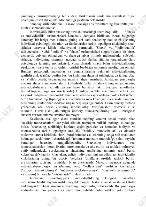 ydigan xakikat bulib va takrorlanaverib siykasi chikib ketgan iborat bulib tuyuladi. gap shundaki, bu urinda xususan insoniy belgilar va fazilatlarning rivojlanishi uchun tabiiy shart-sharoitlar paydo bulishi genetik jixatdan oldindan belgilab kuyilganligi ta'kidlanadi. dunyoga kelayotgan chakalokning gavda tuzilishi unda tik yurish uchun imkoniyatning mavjudligini takozo etsa, miyasining tuzilishi akli-xushining rivojlanishi uchun imkoniyat tugdiradi, kullarining shakl-shamoyili mexnat kurollaridan foydalanish istikbolining mavjudligini kursatadi va xokazo. bular bilan chakalok uz imkoniyatlari yigindisiga binoan odam xar kanday xolatda xam bu xildagi fazilatlar yigindisining soxibiga aylana olmaydigan xayvon bolasidan fark kiladi. shunday kilib, yukorida aytilganlar orkali chakalokning inson zotiga mansubligi tasdiklanadi va fakat individ tushunchasida kayd etiladi (bundan farkli ularok, xayvon bolasi dunyoga kelishi bilanok va xayotning oxiiga kadar jonzot deb yuritiladi). "individ" tushunchasida kishining nasl-nasabi xam mujassamlashgandir. yangi tugilgan chakalokni xam, katta yoshdagi odamni xam, mutafakkirni xam, akli zaifni xam, yovvoyilik boskichidagi kabilaning vakilini xam, madaniyatli mamlakatda yashayotgan yuksak bilimli kishini xam individ deb xisoblash …