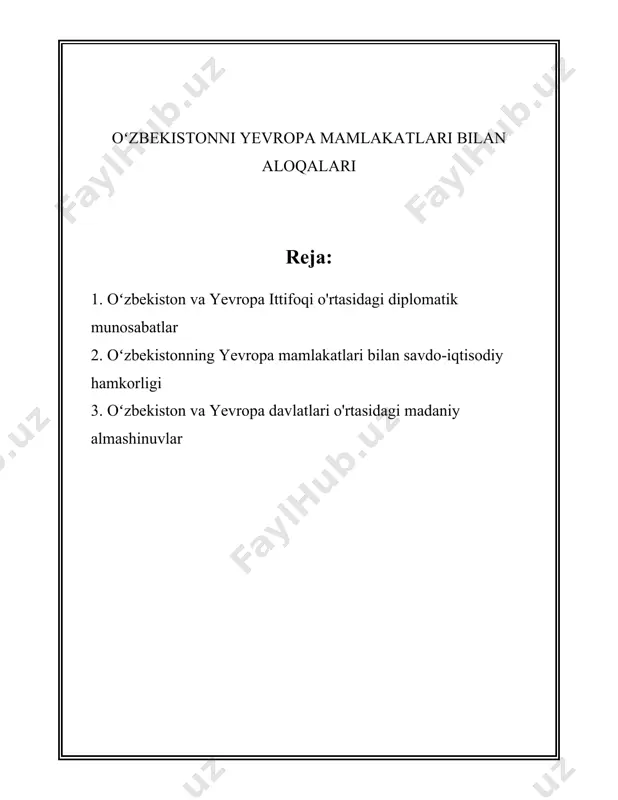ilda o‘zbekistonning yevropa ittifoqiga eksportining asosiy mahsulotlari texnik uskunalar, to‘qimachilik mahsulotlari, qishloq xo‘jaligi mahsulotlari va minerallar tashkil etgan. 2021-yilda o‘zbekiston yevropa ittifoqidan "umumiy preferensiyalar tizimi" (gsp+) maqomini olgan. bu maqom o‘zbekiston mahsulotlarini yevropa ittifoqiga bojxona imtiyozlari bilan eksport qilish imkoniyatini beradi. yevropa ittifoqi o‘zbekistonda ko‘plab ijtimoiy va iqtisodiy dasturlarni amalga oshirilishiga ko‘mak berib kelmoqda. 2021-2027-yillarda yevropa ittifoqi o‘zbekistonga 160 million yevrodan ortiq mablag‘ ajratishni rejalashtirmoqda. bu mablag‘lar ijtimoiy rivojlanish, hukumat boshqaruvi, gender tengligi, ta’lim va boshqa sohalarga yo‘naltiriladi. 2022-yil davomida yevropa ittifoqi tomonidan o‘zbekistonda inson huquqlari va qonuniylik masalalariga e’tiborni kuchaytirgan bir qator loyihalar amalga oshirilgan. bunda ta’lim tizimini isloh qilish, inson huquqlarini himoya qilish va sud-huquq tizimini yaxshilash bo‘yicha ko‘mak berilgan. o‘zbekiston va yevropa ittifoqi o‘rtasidagi munosabatlar nafaqat iqtisodiy masalalar bilan cheklanib qolmasdan, madaniy aloqalarni rivojlantirishni ham o‘z ichiga oladi. bu sohada turli madaniy tadbirlar, ilmiy konferensiyalar va san’at festivallari muntazam ravishda o‘tkazib kelinmoqda. yevropa ittifoqi ushbu davlatlararo aloqalarda …