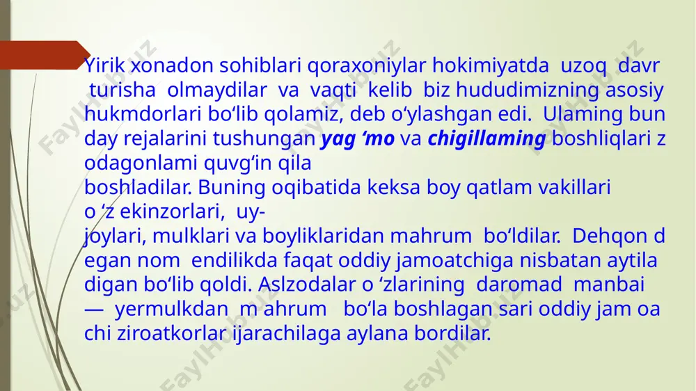 fitna uni temur malik bilan xurosonga jo ‘nashga majbur etadi. chunki bunday vaziyatda poytaxtga tom on bostirib kelayotgan yovuz dushmanga qarshi urganch mudofaasini sira ham tashkil qilib bo‘lmas edi. shu sababli tezvaqt ichida shahzodalar 0 ‘zloqshoh va oqshohlar ham urganchni tark etib, qochib ketadilar. poytaxt taqdiri o ‘ta qo‘rqoq va amalparast amir humortakin qo'lida qoladi. oczini u sulton deb e ’lon qilib, urganchni m o‘g‘ullardan himoya qihshga va’da ham qiladi. urganchdek katta shahami qamal qilish uchun shimoldan jo ‘ji, buxoro tom ondan chig‘atoy va 0 ‘qtoy askarlari bostirib keldi. 1221 yilning qishida 50 ming kishilik m o‘g‘ul askarlari u rganchni qam al qilib, hujum boshlaydi. u rganchliklar dushmanning harbiy kuch va zirhli qurollarining ustunligiga qaramay o ‘z ona shahri mudofaasiga g‘oyat baland ruh bilan kirishadilar. lekin urganch ham tez orada m o‘g‘ullar qo‘liga o‘tadi m o‘g‘ul hukm dorlarining mislsiz jabrzulm i, aholining xo‘rlik va qashshoqlik domiga tashlanishi, soliqlarning haddan ziyod …