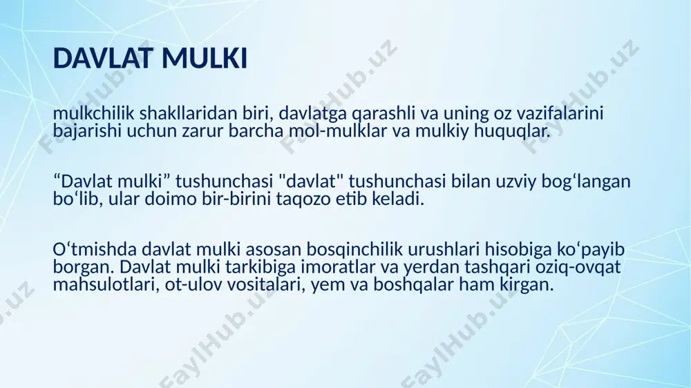 mamlakat hududi doirasidagi xavo havzasi oʻsimlik va hayvonot dunyosi respublika hokimiyat va idora organlari mol-mulki respublika xalqlarining madaniy va tarixiy boyliklari respublika byudjeti mablagʻlari oltin zaxirasi, valyuta fondi va boshqa davlat fondlari oʻzbekiston respublikasining xorijiy davlatlardagi mulki davlatning byudjet yoki boshqa mablagʻlari evaziga yaratilgan yoki sotib olingan korxonalar, tashkilotlar oʻquv, ilmiy faoliyat natijalari va boshqalar. kiradi. maʼmuriy- hududiy tuzilmalar mulki (kommunal mulk) mahalliy davlat hokimiyati idoralari mulki, kommunal uy-joy fondi va kommunal xoʻjaligi korxonalari, mahalliy byudjet mablagʻlari, madaniyat, sogʻliqni saklash, xalq taʼlimi muassasalari va b.dan iborat. davlat korxonalari mulki shu tartibda davlat byudjeti vositalari hisobidan butun iqtisodiyotning faoliyat ko’rsatishi uchun zarur bo’lgan serharajat infratuzilma korxonalari (kommunal xoʻjaligi, energetika, transport, aloqa)ni barpo etish, ilmiy-texnika progressi bilan bogʻliq ayrim kapitaltalab tarmoqlar (elektronika, aviatsiya)ni rivojlantirish, zarar ko’rib ishlayotgan korxonalarni (mis, ko’mir sanoati korxonalari)ni milliylashtirish va boshqa yo’llar bilan shakllanadi. jahon tajribasida davlat mulki asosan ikki yoʻl bilan paydo boʻladi davlat byudjet vositalari hisobiga …
